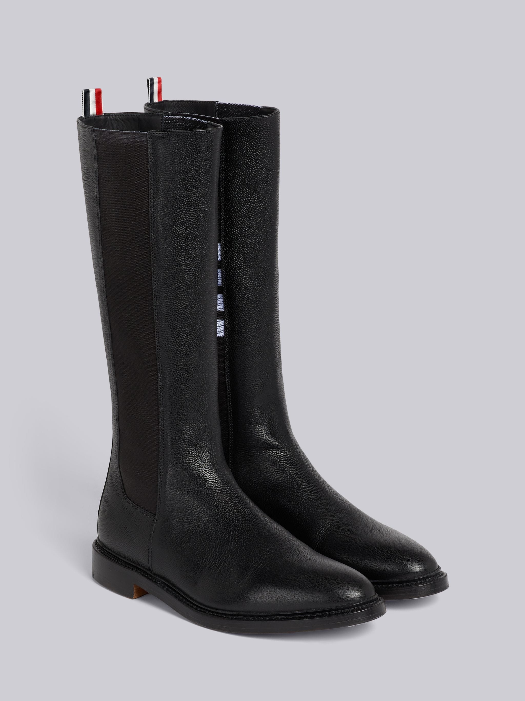 Black Pebble Grain Leather 4-Bar Leather Sole Knee High Chelsea Boot - 3