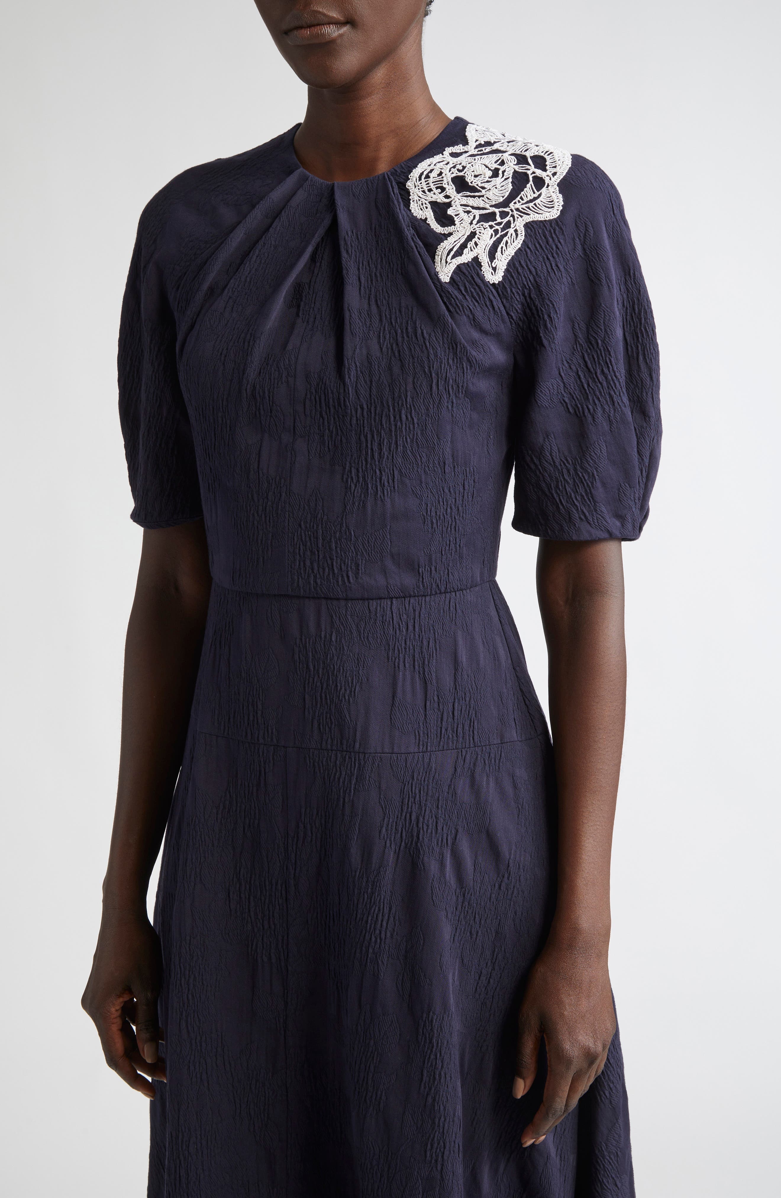 Erdem Floral Jacquard Short Sleeve Midi Dress in Midnight Blue at Nordstrom - 4