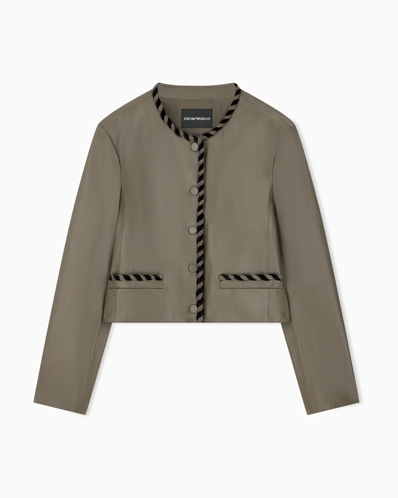 CROPPED LEATHER JACKET WITH BRAIDED TRIM AND BUTTON CLOSURE - 1