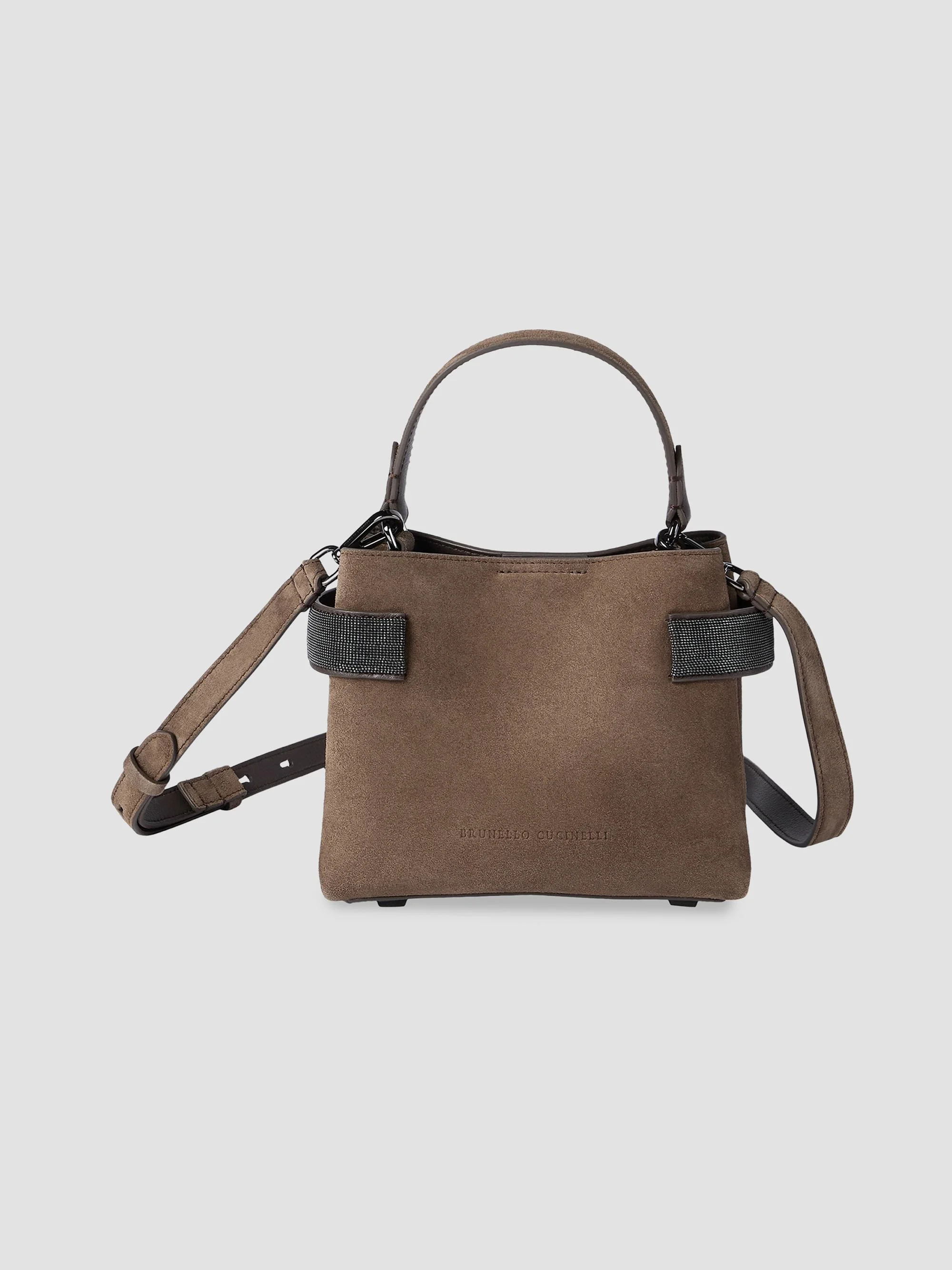 Women's Essence Small Top Handle Bag in Suede with Precious Bands - Brown - 1