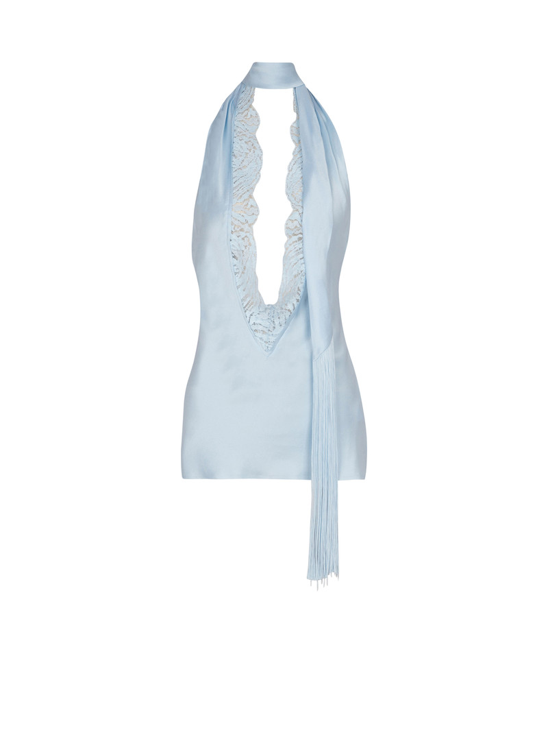 Backless fringed satin top 1