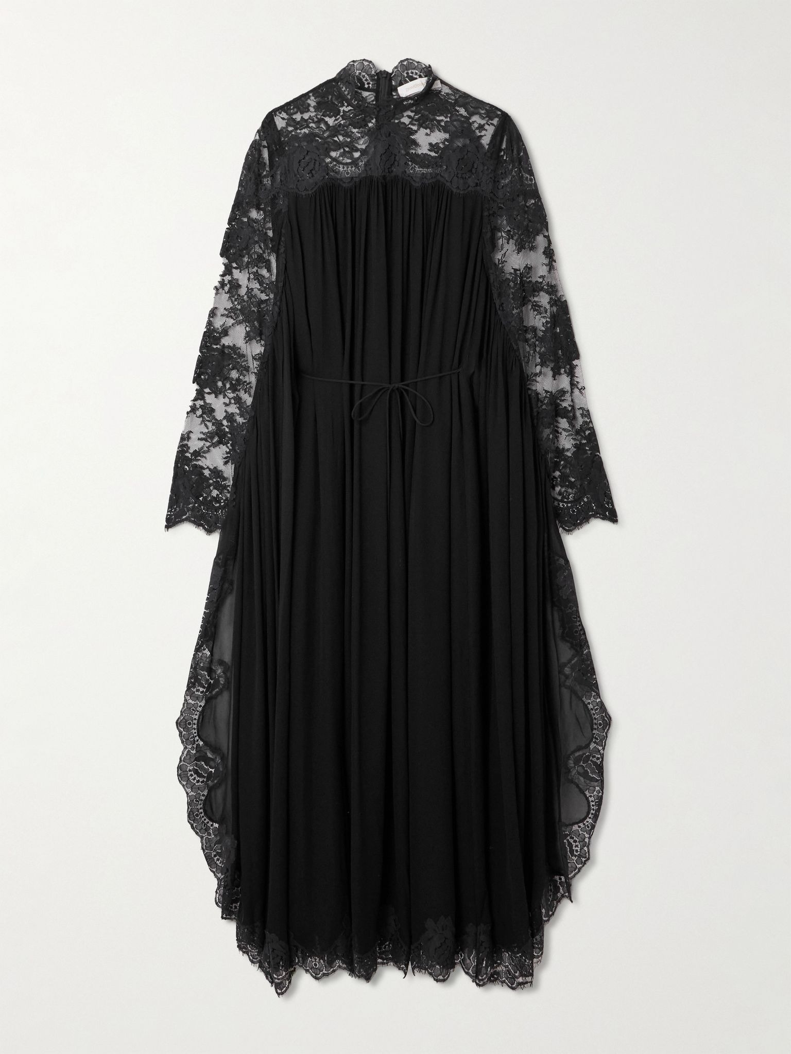Gathered lace-trimmed crepe midi dress Black - 1