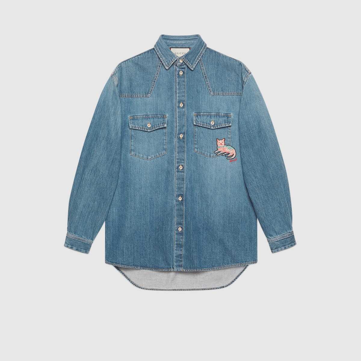 Eco washed organic denim shirt with cat - 1