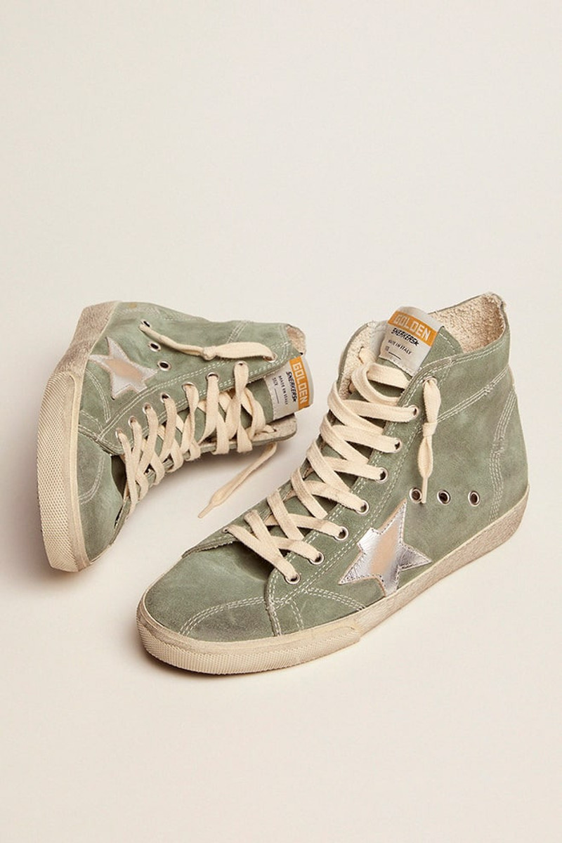 Golden Goose Francy in green suede with silver metallic leather star outlook