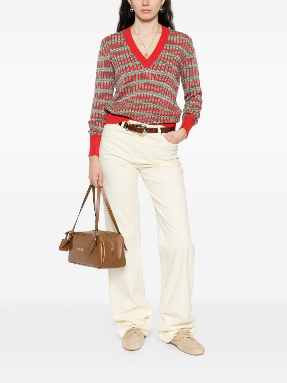geometric-pattern V-neck sweater - 2