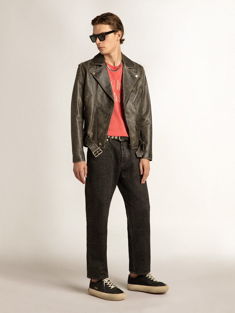 Golden Goose Men’s gray jeans with leopard print outlook
