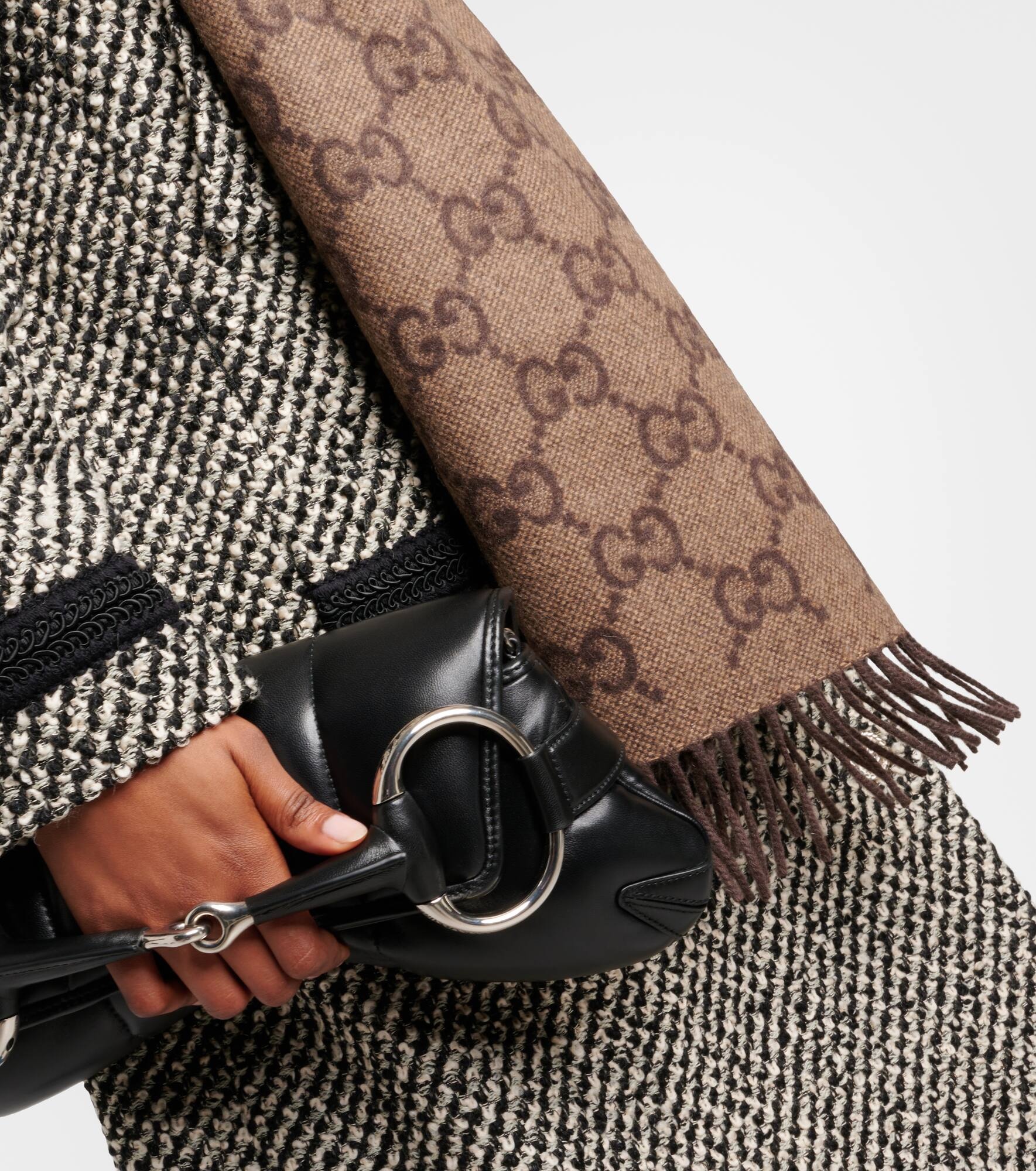 GG jacquard fringed cashmere scarf - 3