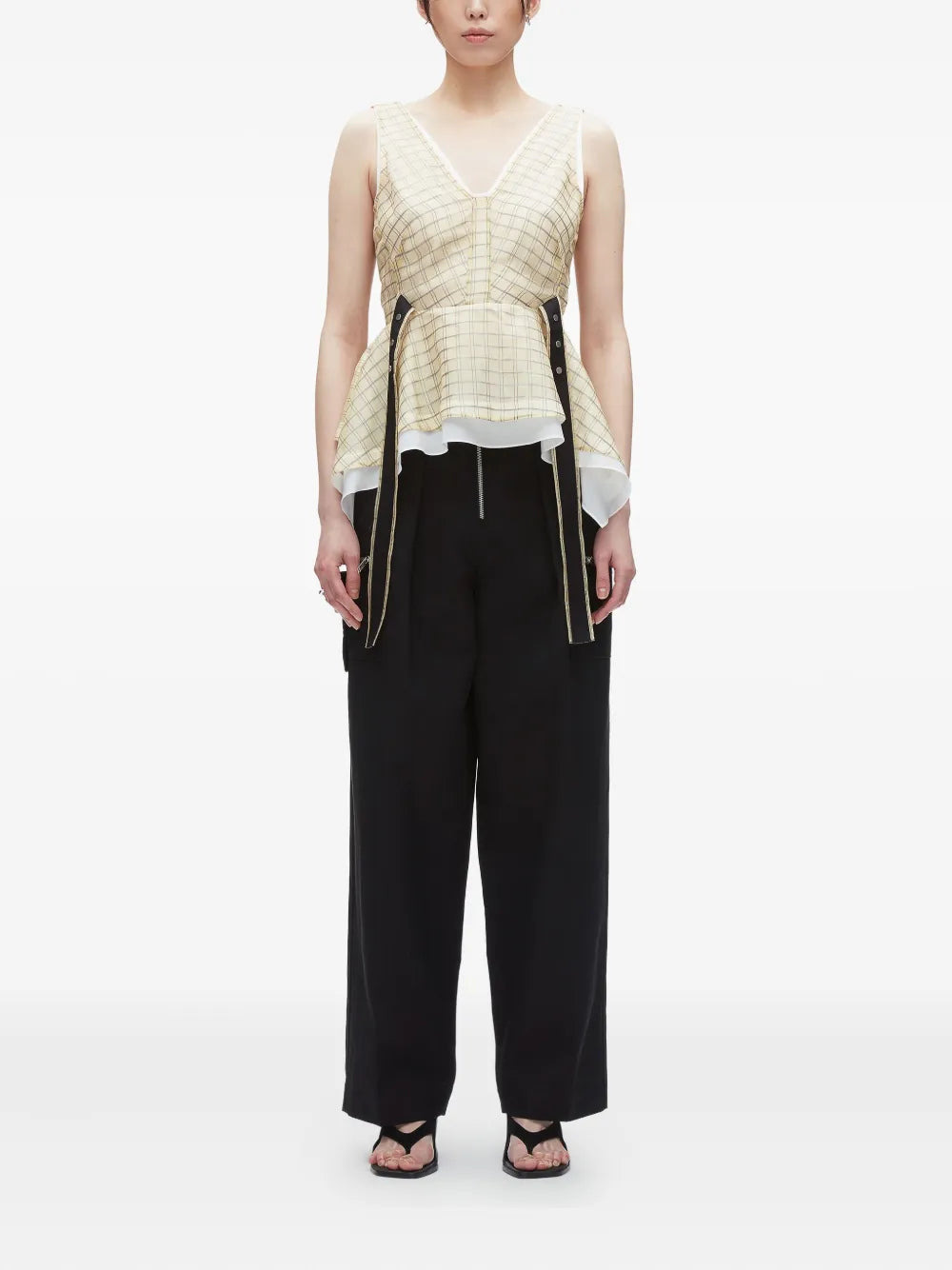 Plaid Organza Sleeveless V-Neck Flounce Top - 2
