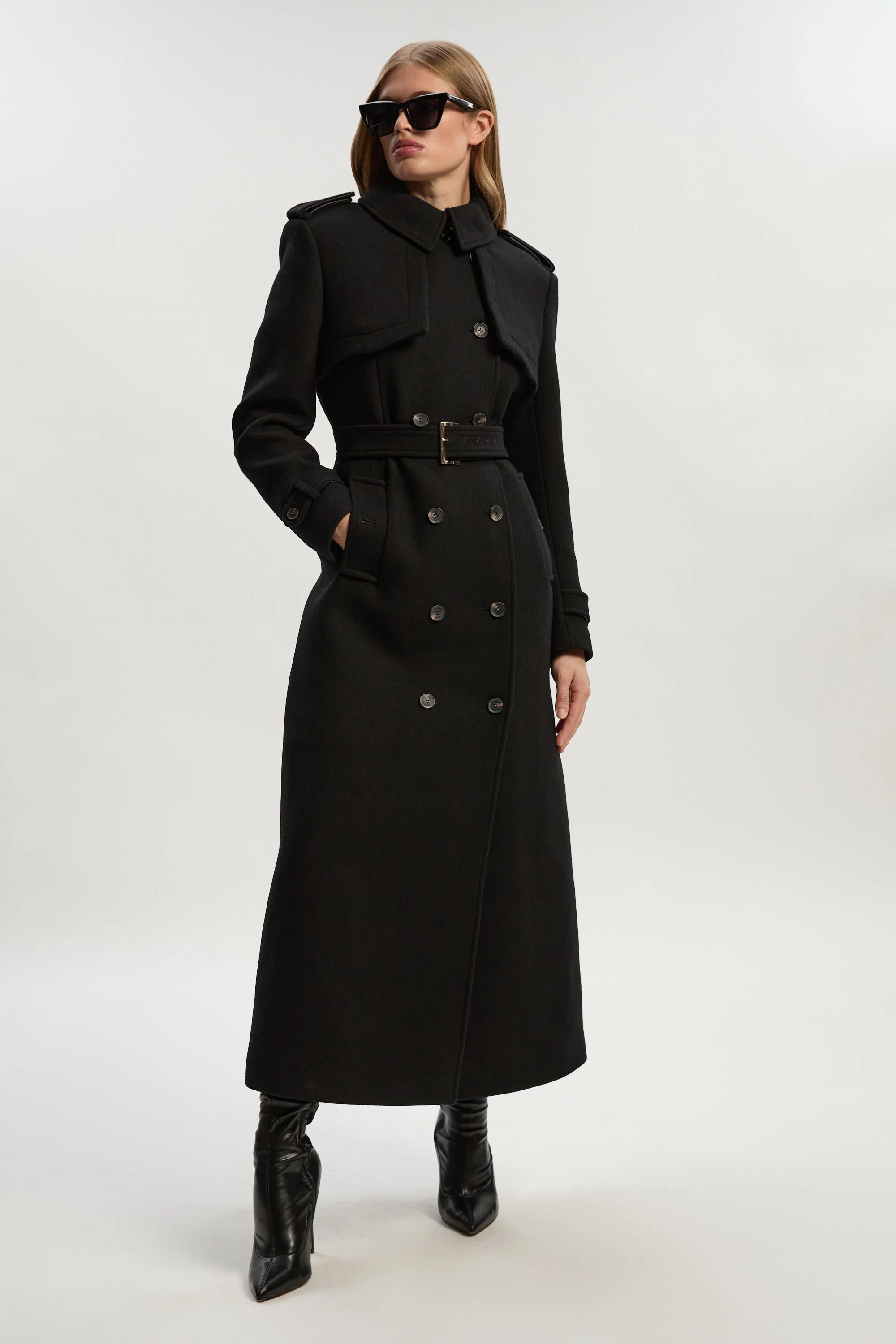 Wool Pu Mix Tailored Belted Trench Maxi Coat - 1