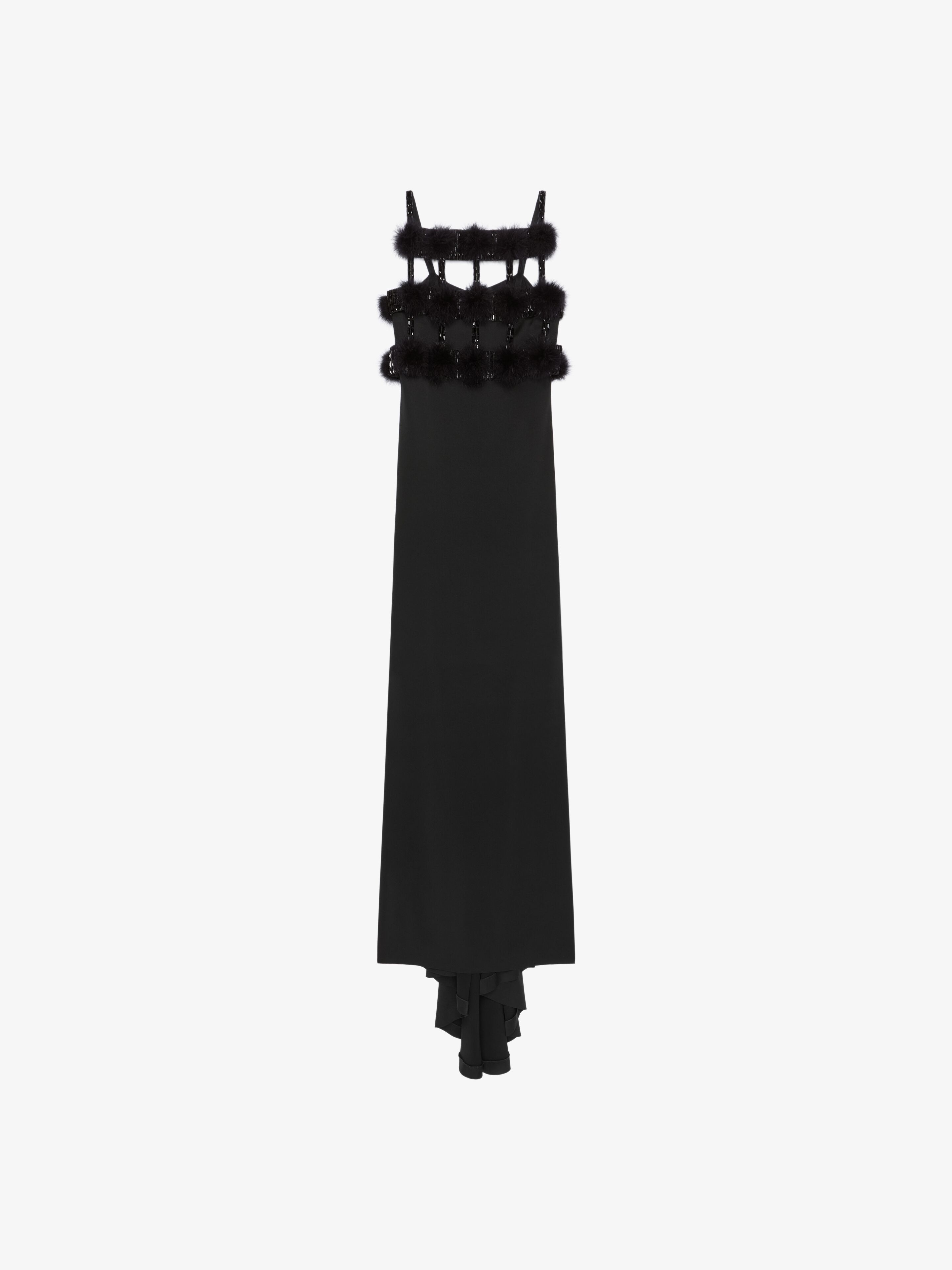 EVENING DRESS IN SATIN WITH POMPOMS AND CRYSTALS - 4