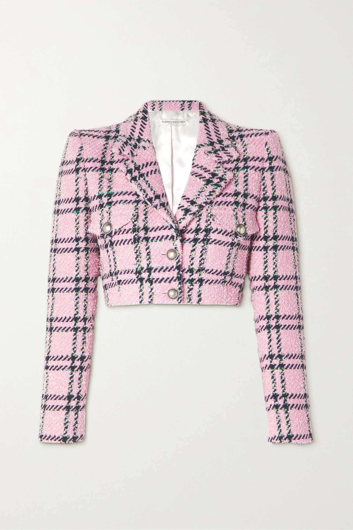 Alessandra Rich Cropped embellished checked wool-blend tweed