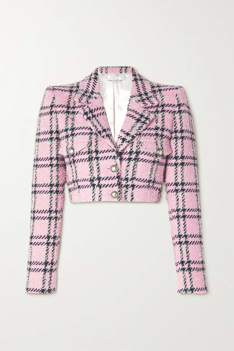 Cropped embellished checked wool-blend tweed blazer 1
