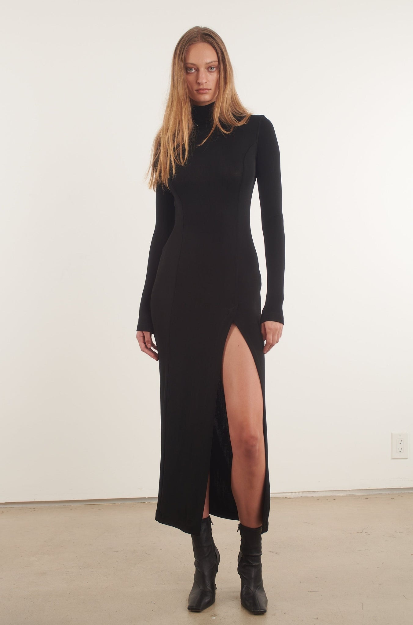 BLACK SLINKY MOCK NECK MAXI DRESS - 1