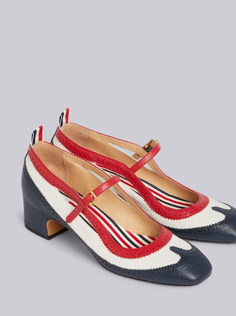 Tricolor Pebbled Calfskin Brogue Spectator Mary Jane Block Heel 8