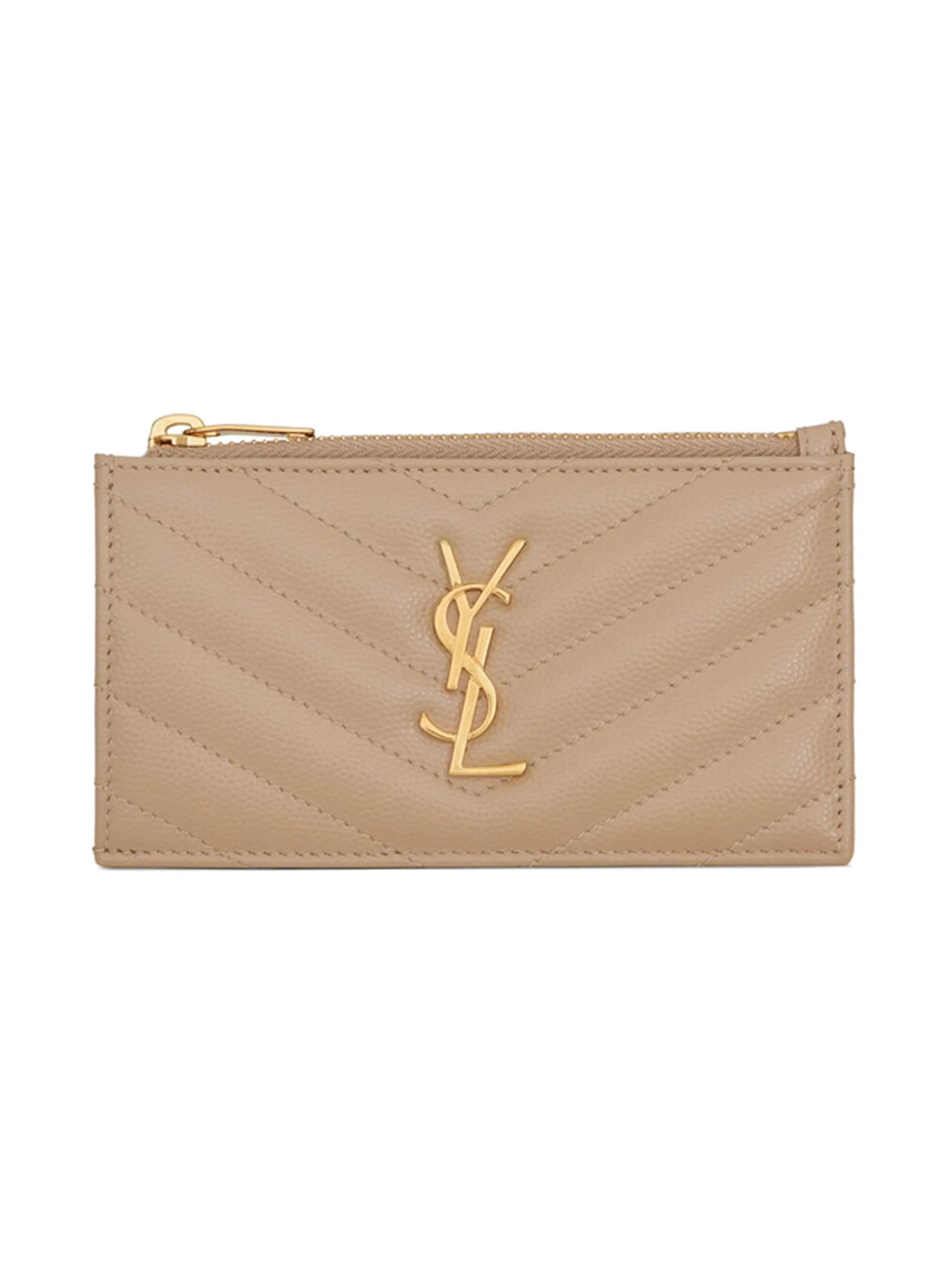Women's Cassandre Matelassé Zipped Card Case in Leather - Dark Beige - 1