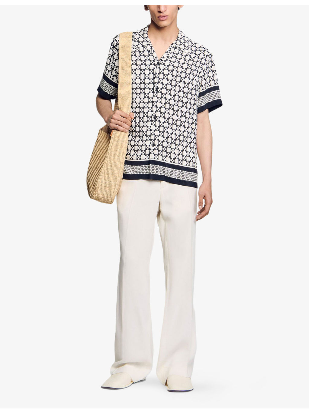 Square Cross-Print Short-Sleeve Satin Shirt - 2
