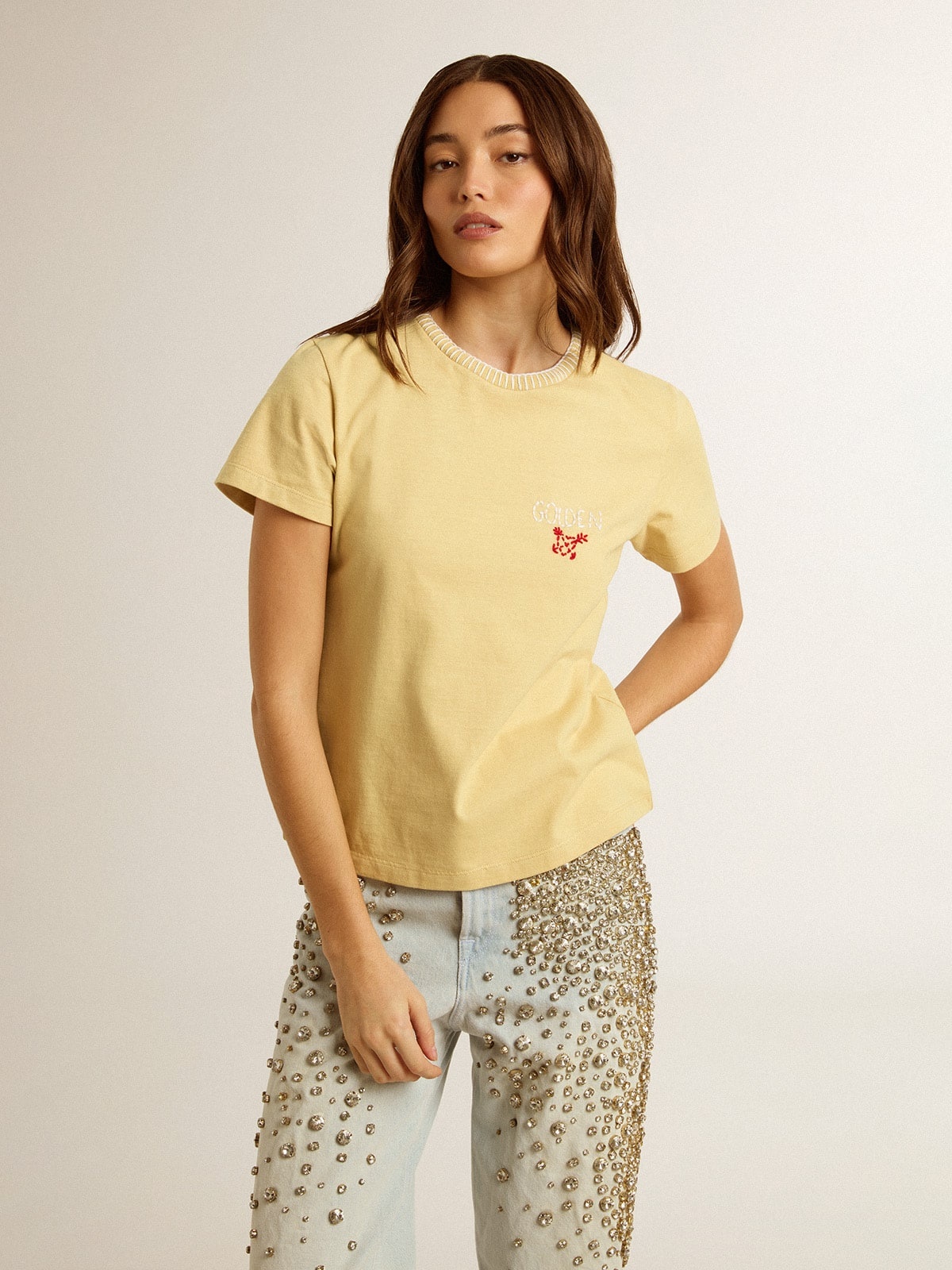 Women's T-shirt in cotton jersey with embroidery on the neck and heart - 3