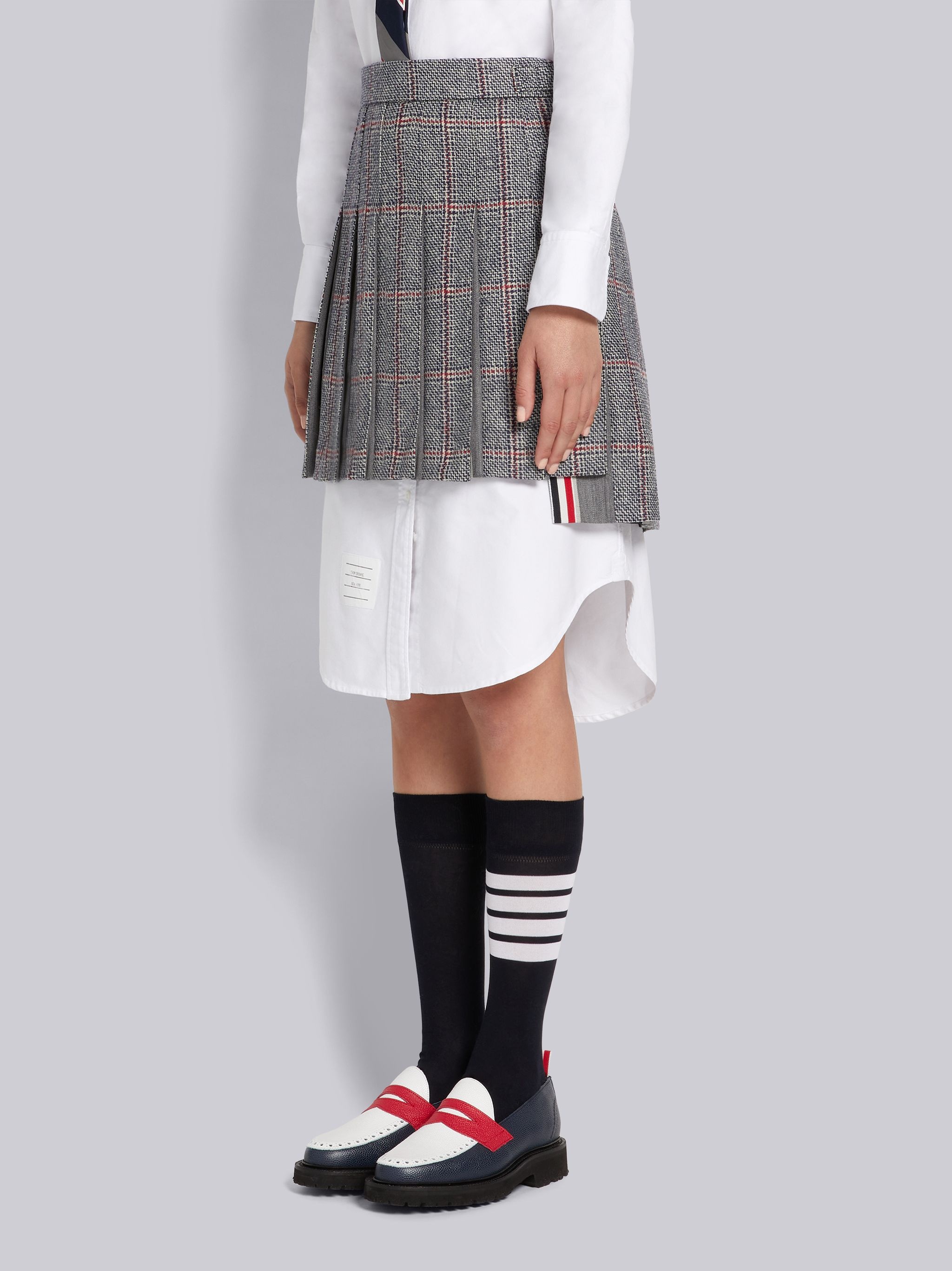 Multicolor Step Twill Windowpane British Wool Shadow Stripe Cotton Pleat Dropped Back Miniskirt - 2