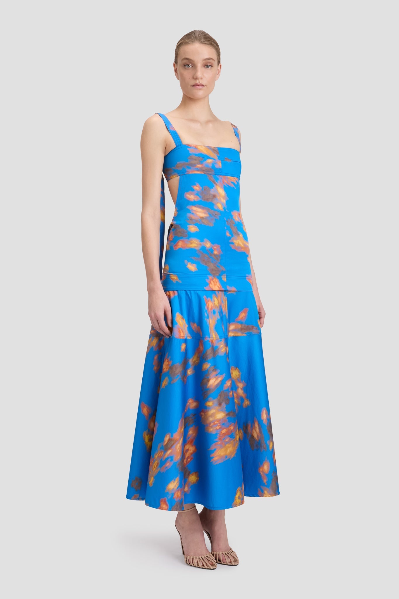 Panelled Maxi Skirt In Blue Abstract Floral Print - 3