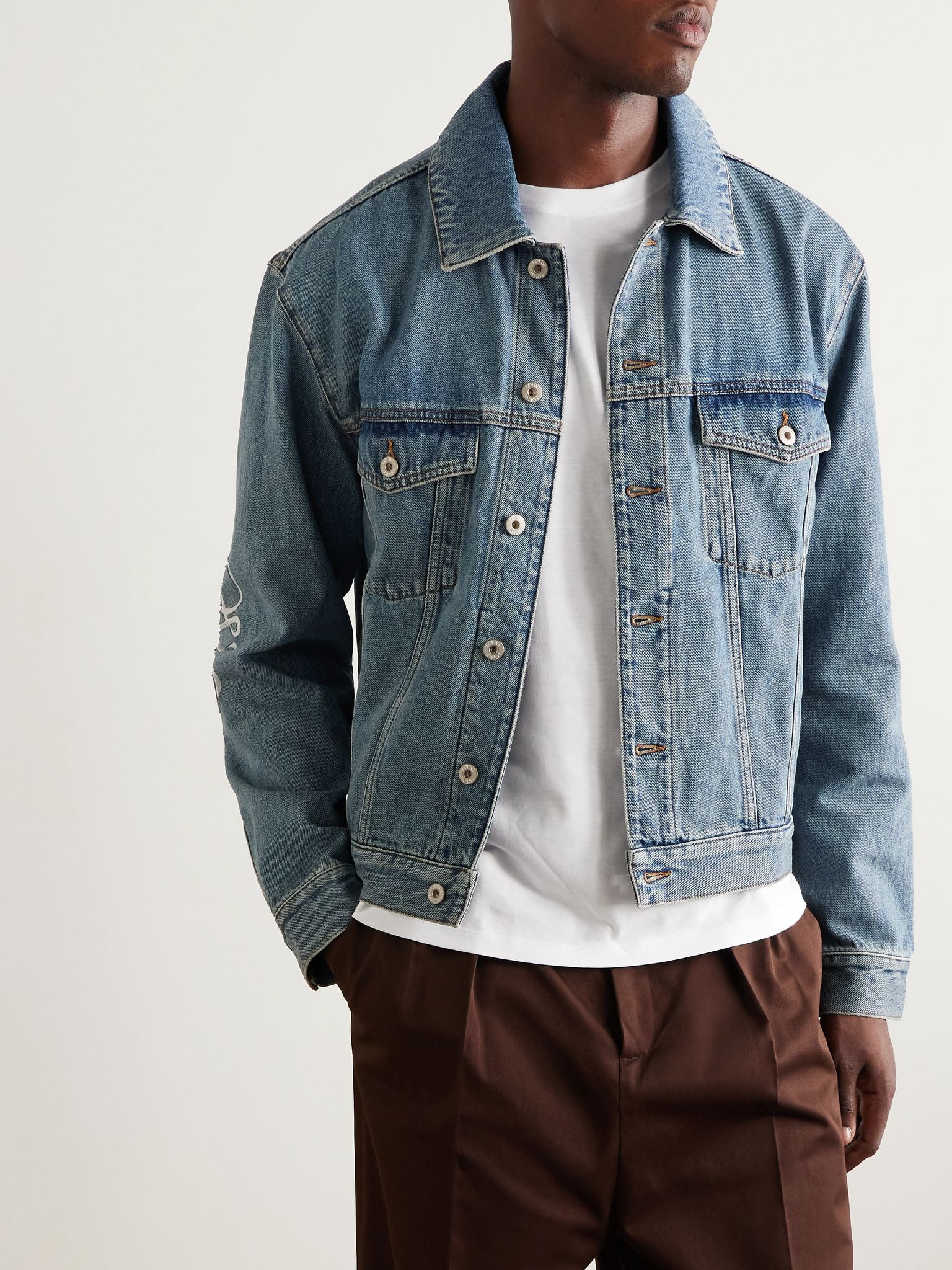 Anagram Leather-Trimmed Cutout Denim Trucker Jacket Blue - 3