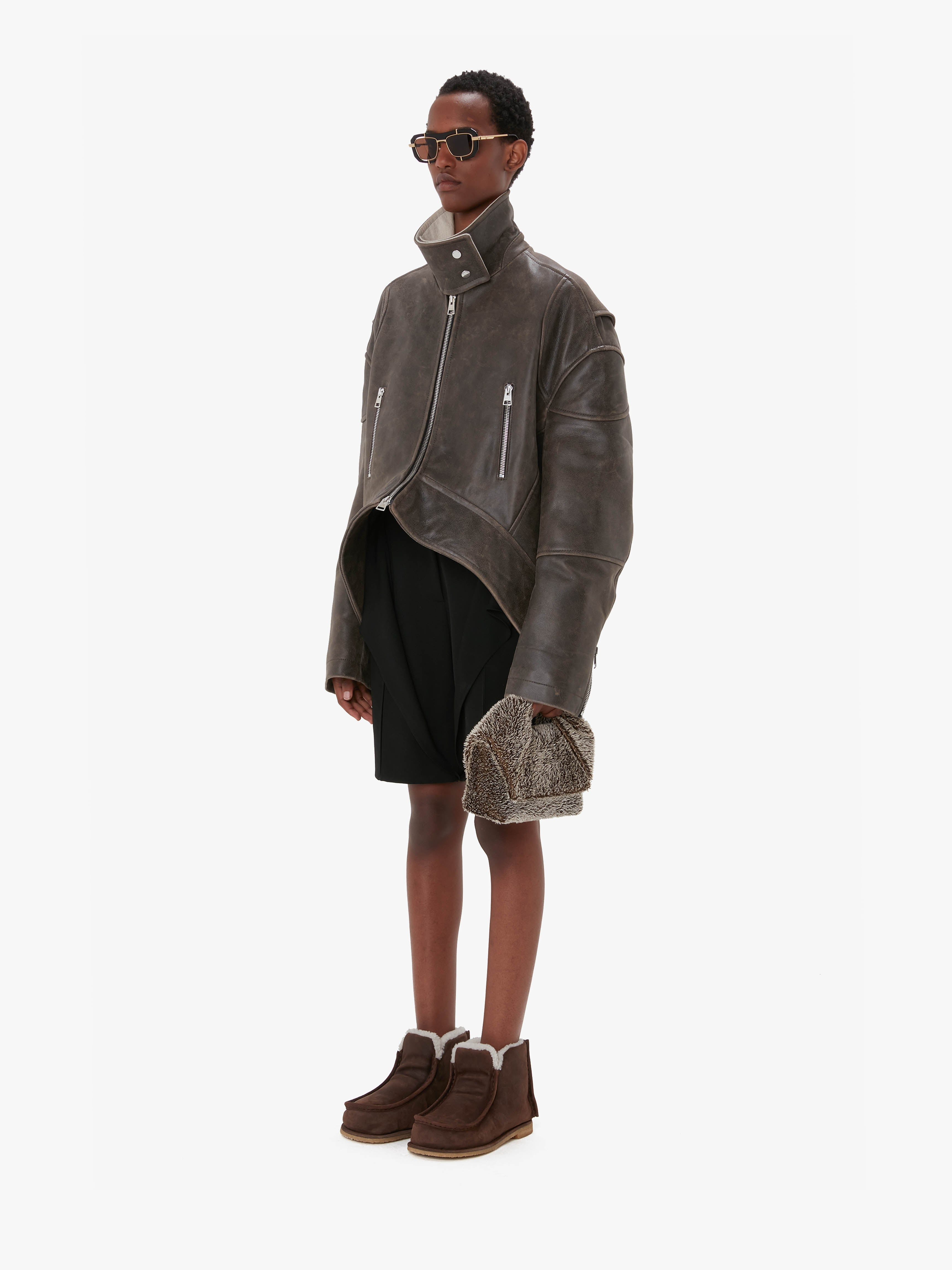 CURVED LEATHER HEM HIGH NECK JACKET - 4