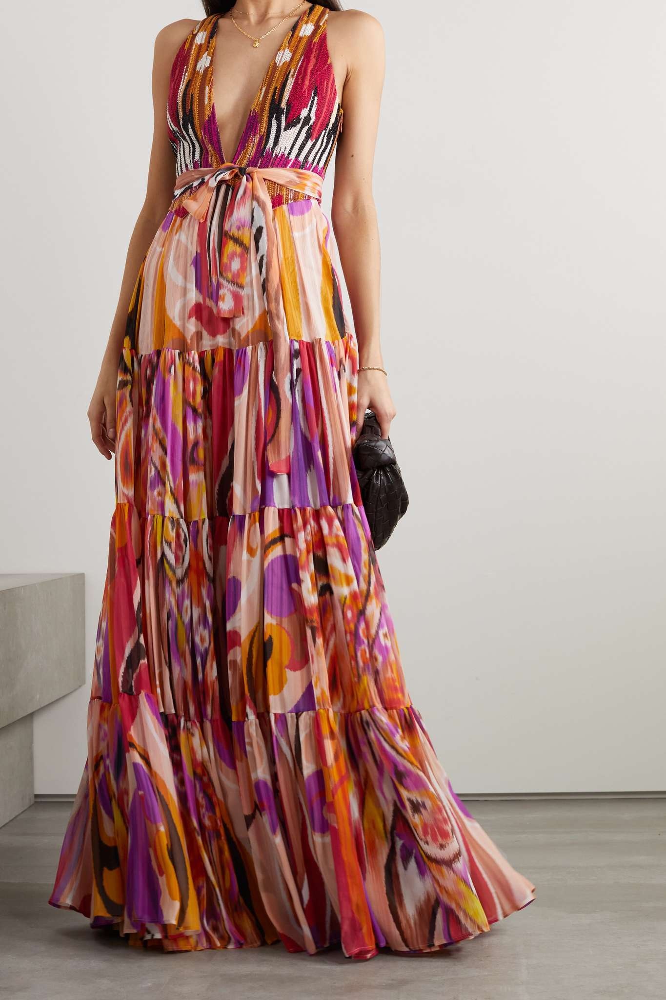 Belted bead-embellished tiered printed silk maxi dress - 2