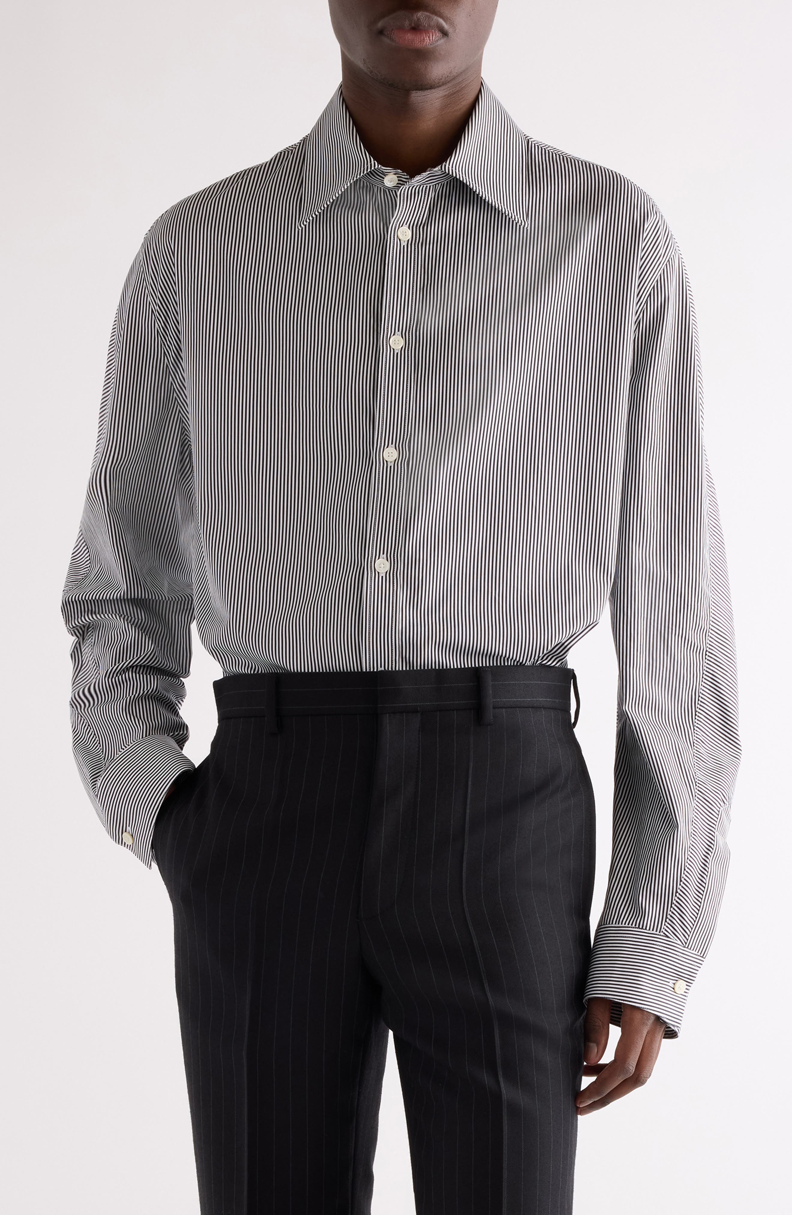 Givenchy Twisted Sleeve Stripe Cotton Overshirt in White/Black at Nordstrom - 1