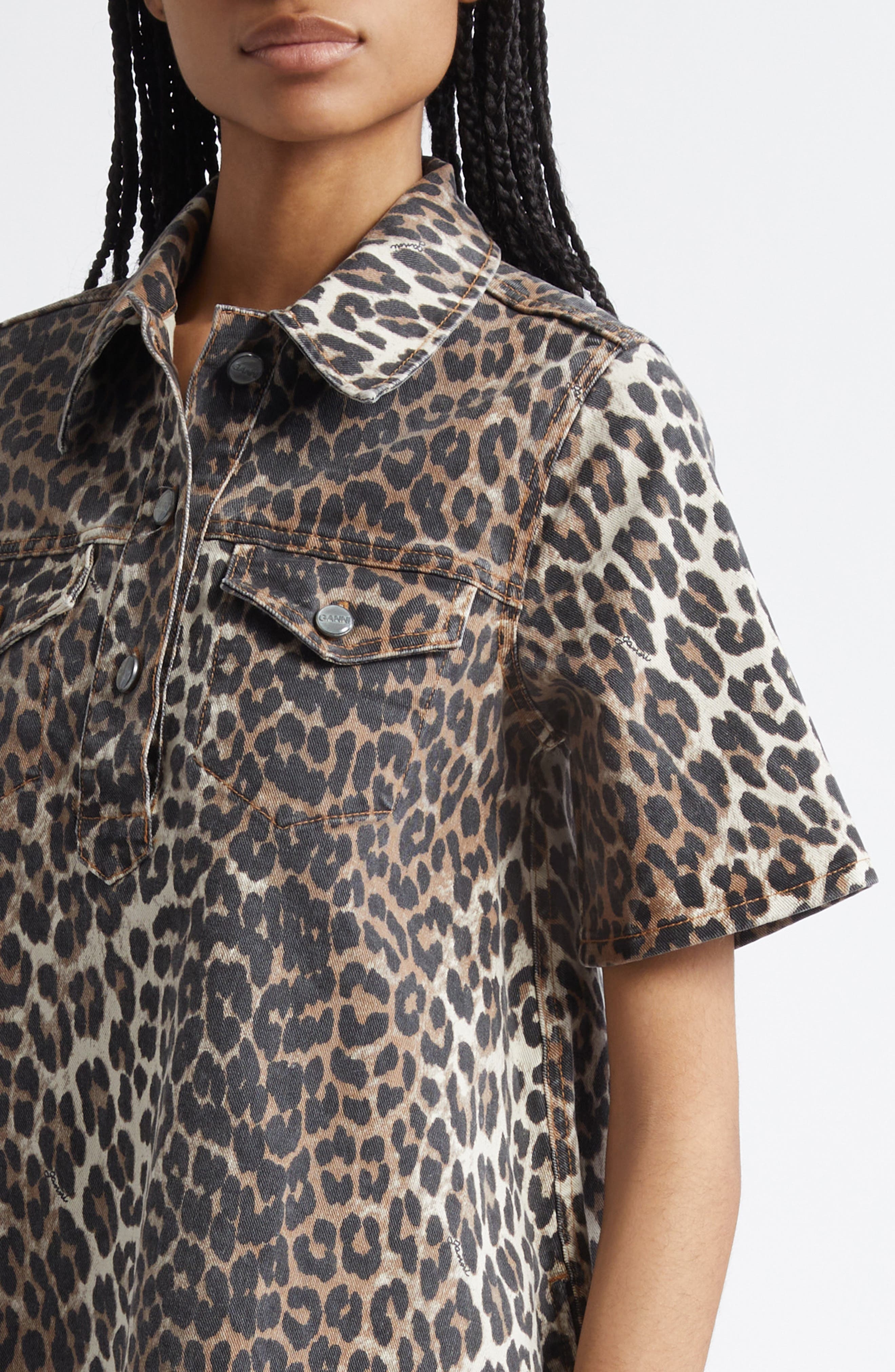 Ganni Leopard Stretch Organic Cotton Denim Minidress at Nordstrom - 4