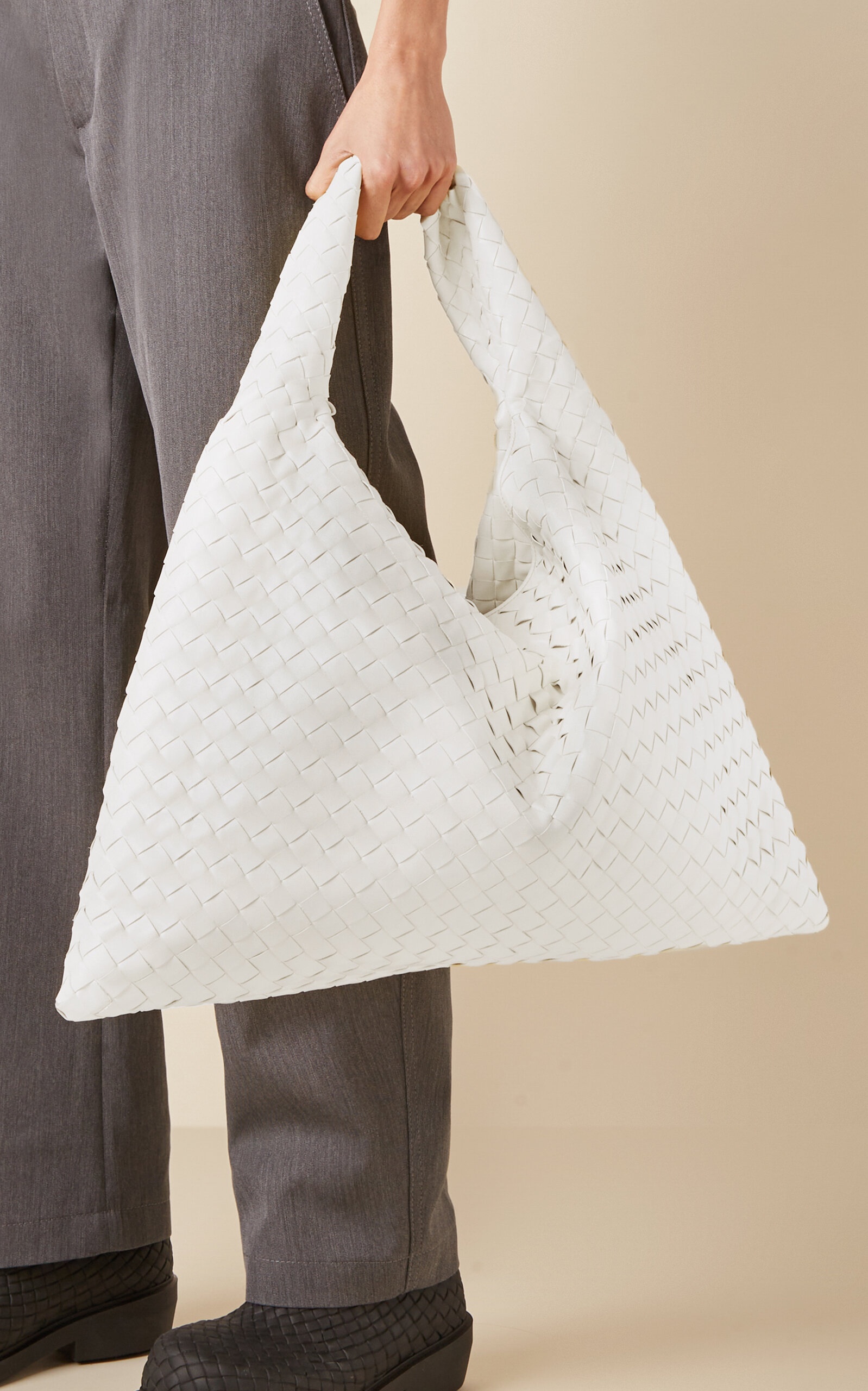 Bottega Veneta Large Hop Intrecciato Leather Bag white