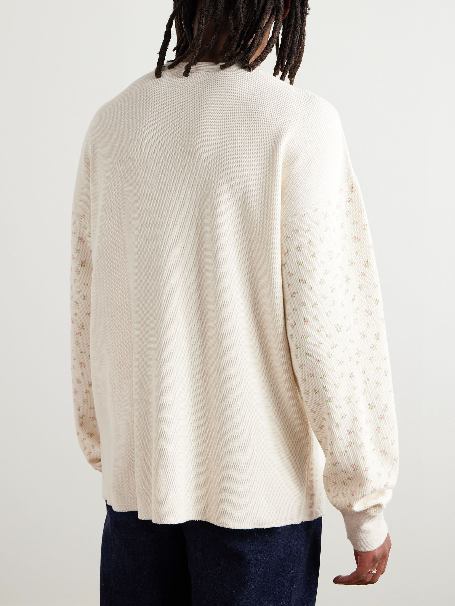 Logo-Embroidered Printed Waffle-Knit Cotton-Jersey T-Shirt Off-white - 4