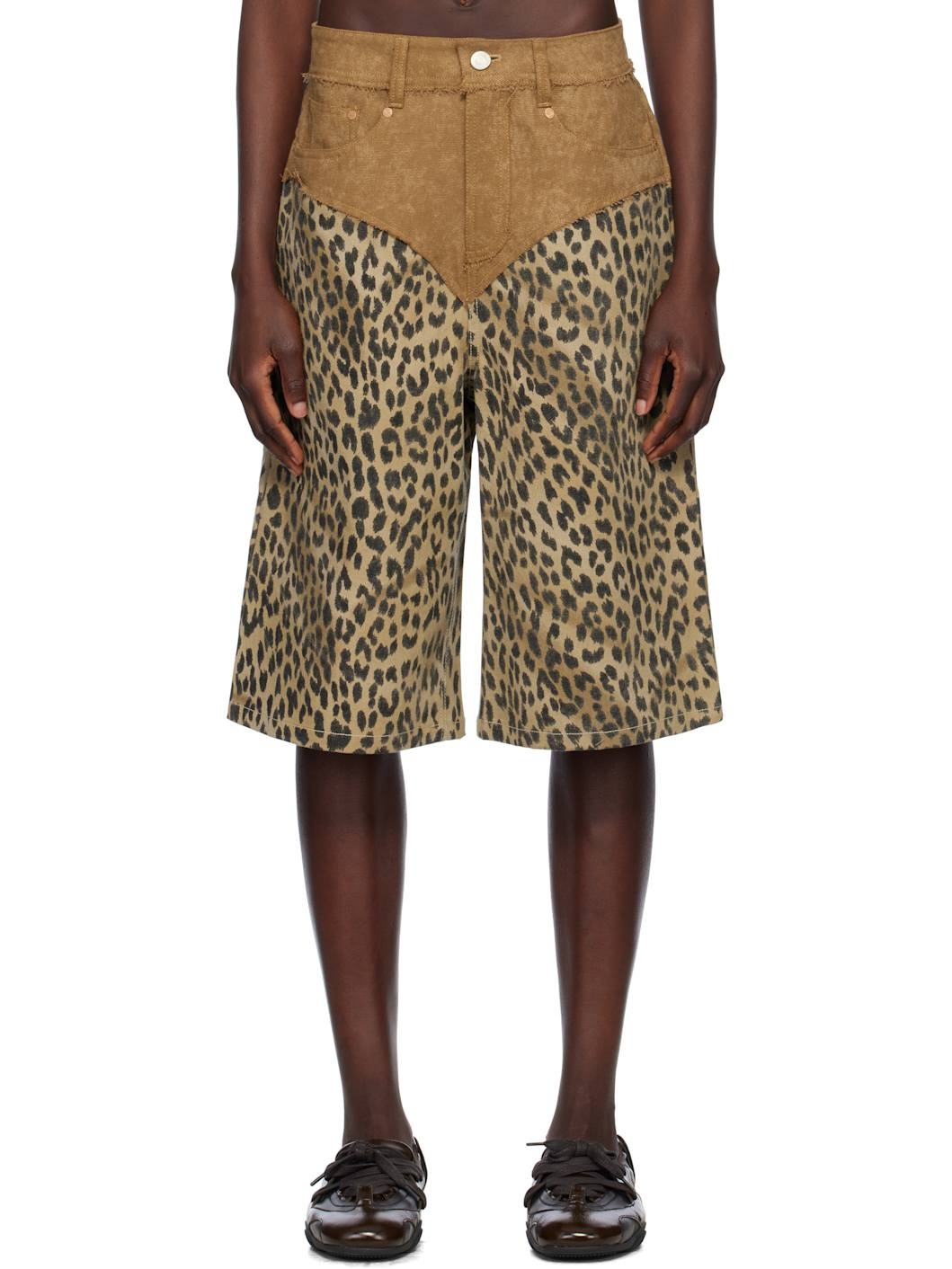 Beige & Brown Oxford Combo Leopard Shorts - 1