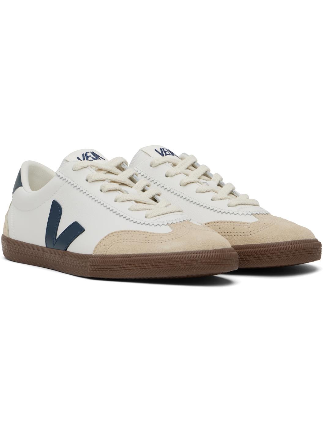 White & Beige Volley Leather Sneakers - 4