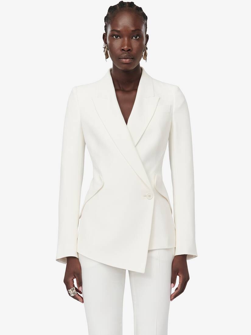 Women's Leaf Crepe Drop Hem Jacket in Light Ivory - 5