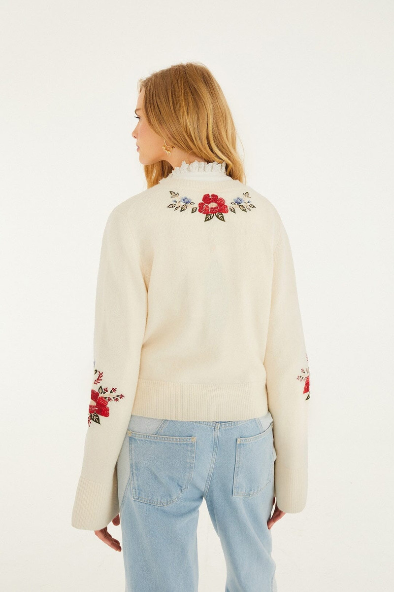 Cream Embroidered Flowers Buttoned Knit Cardigan 3