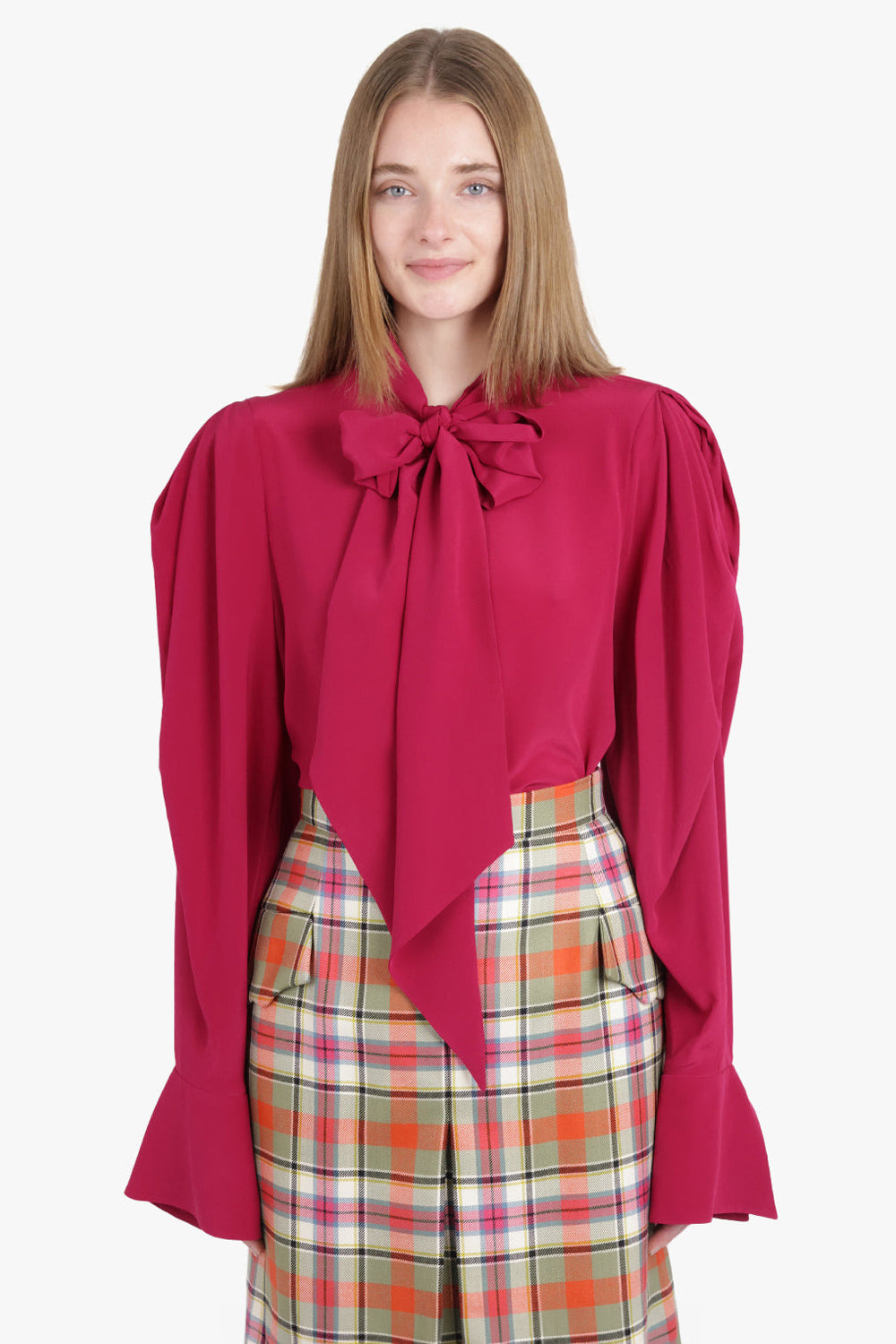 GATHERED L/S SLEEVE TIE NECK BLOUSE | BURNT FUCHSIA - 2