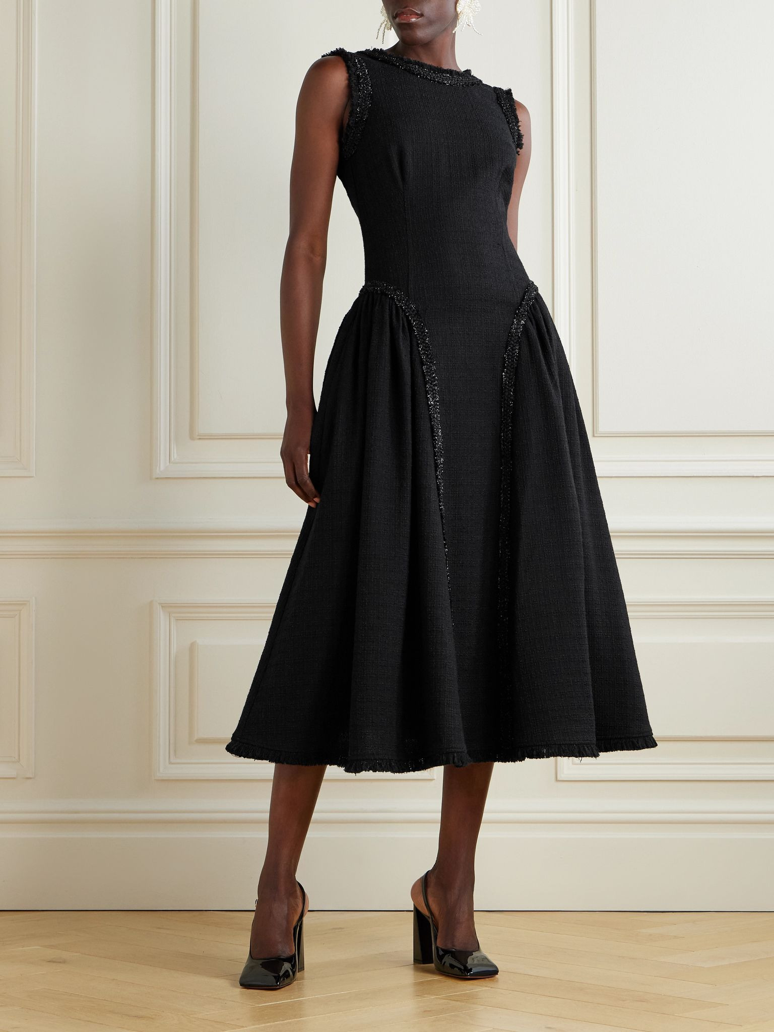 Open-back metallic-trimmed bouclé-tweed midi dress Black - 2