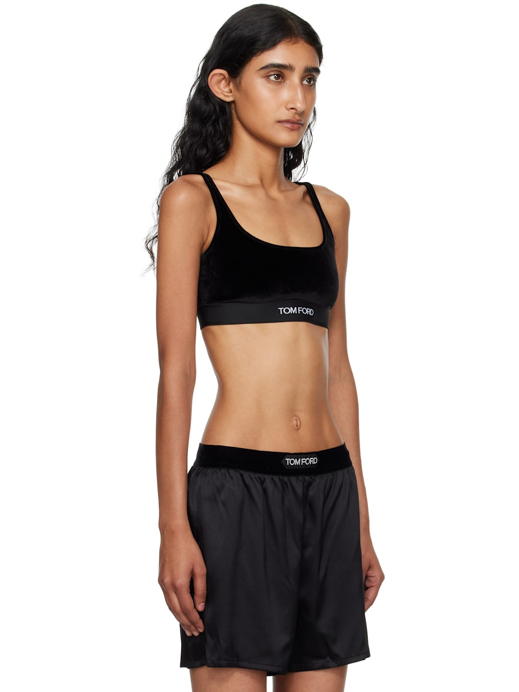 Black Stretch Lustrous Velour Signature Bralette - 2