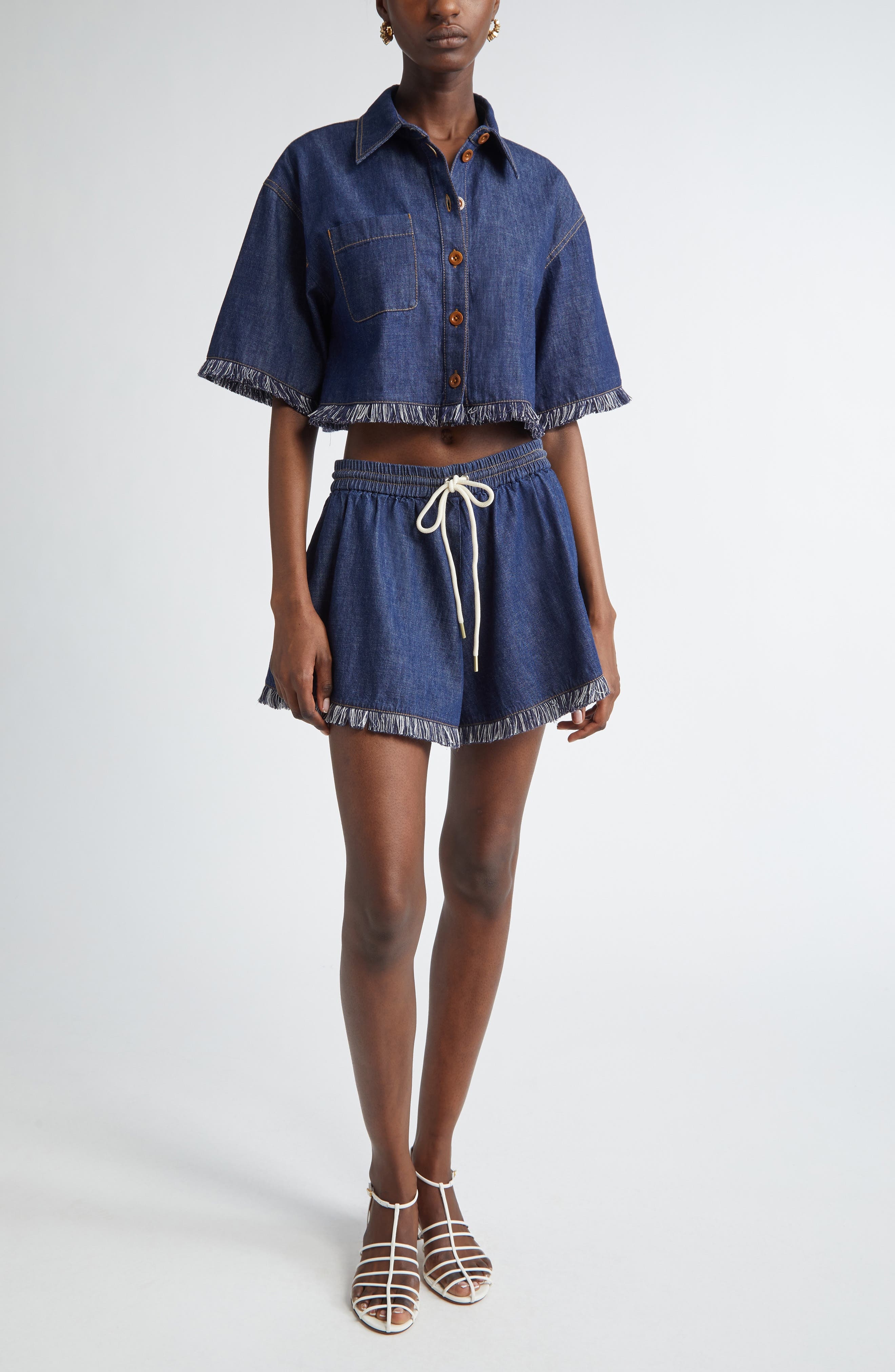 Zimmermann Rhiannon Drawstring Waist Fringe Hem Denim Shorts in Atlantic at Nordstrom - 2