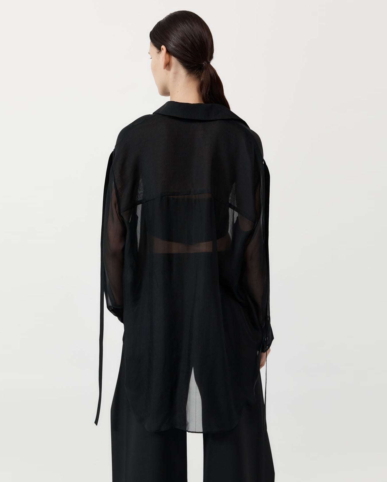 Pinstripe Silk Shirt - Black - 5