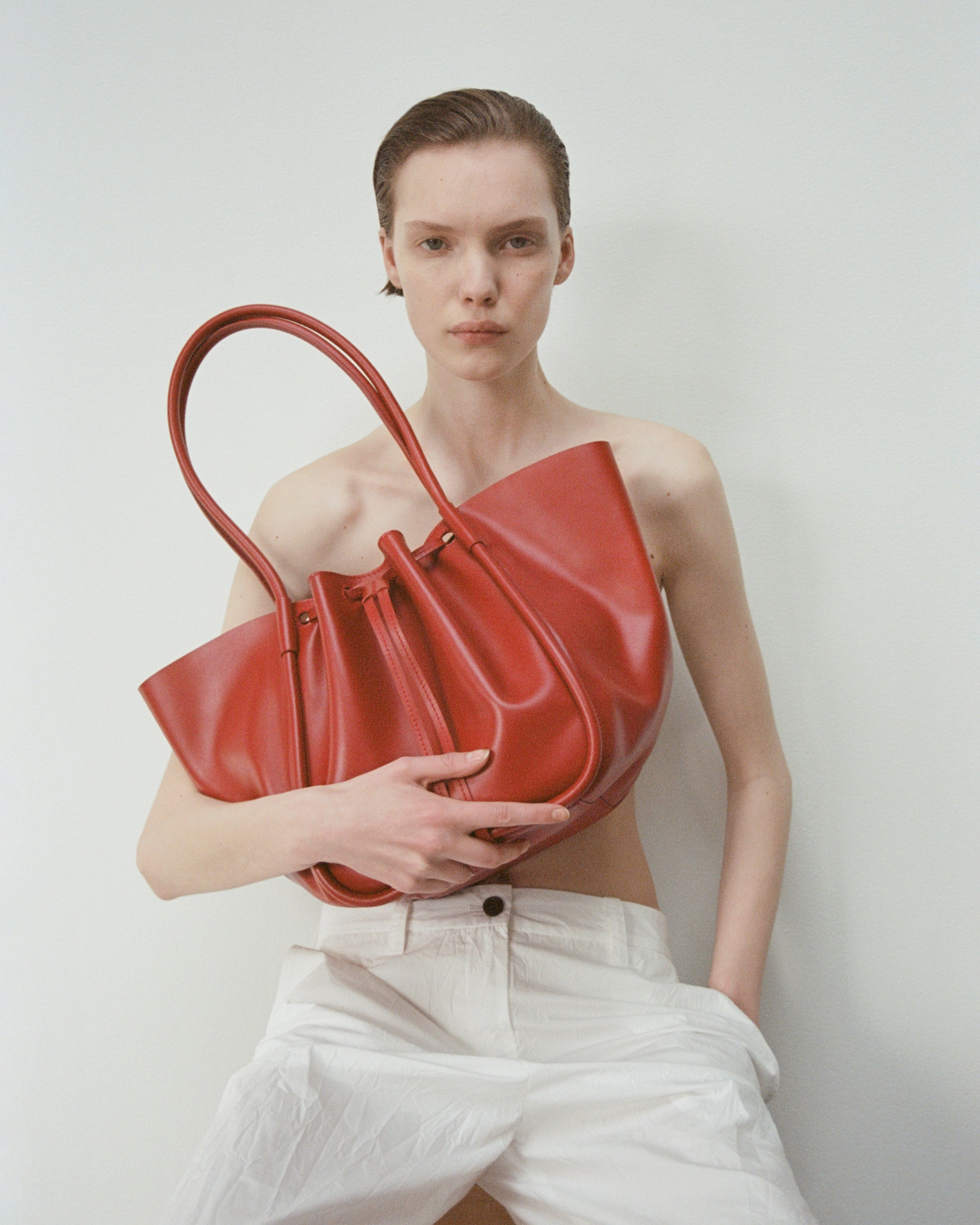 Large Ruched Tote in Shiny Calf - 7