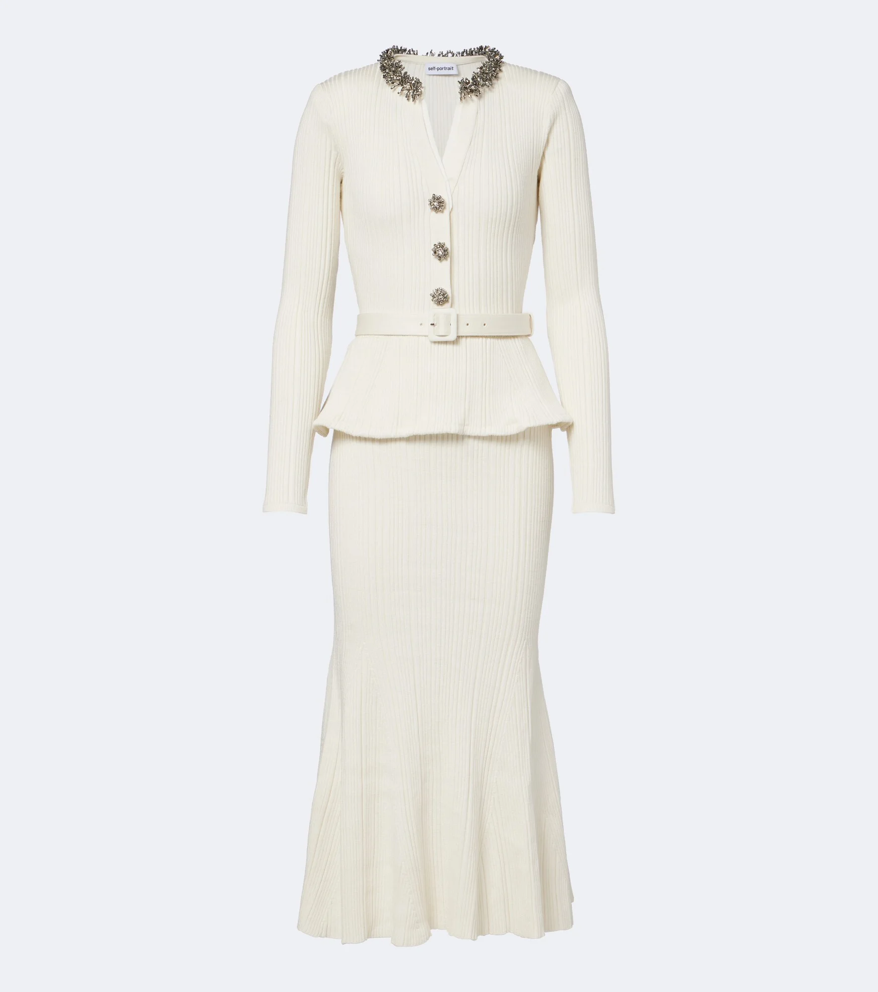 Embellished ribbed-knit peplum midi dress - 1