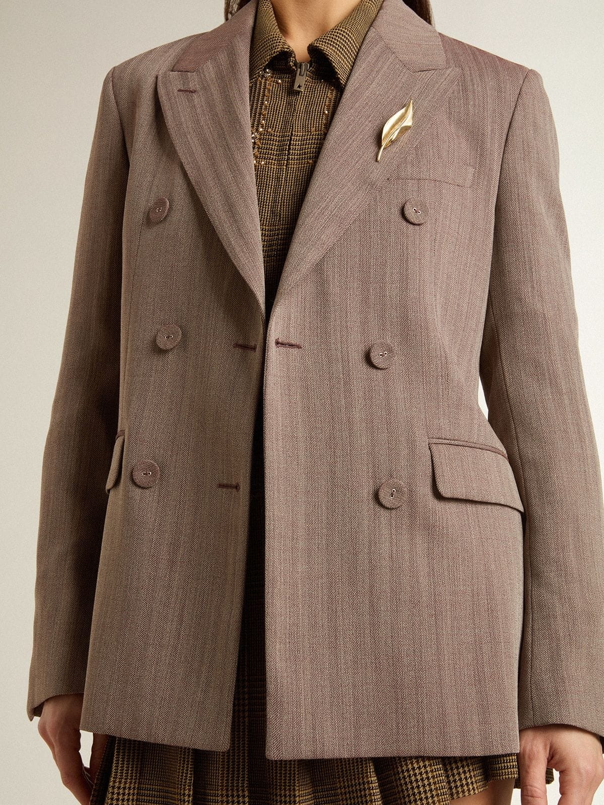 Women's double-breasted blazer in beige chevron wool blend - 5