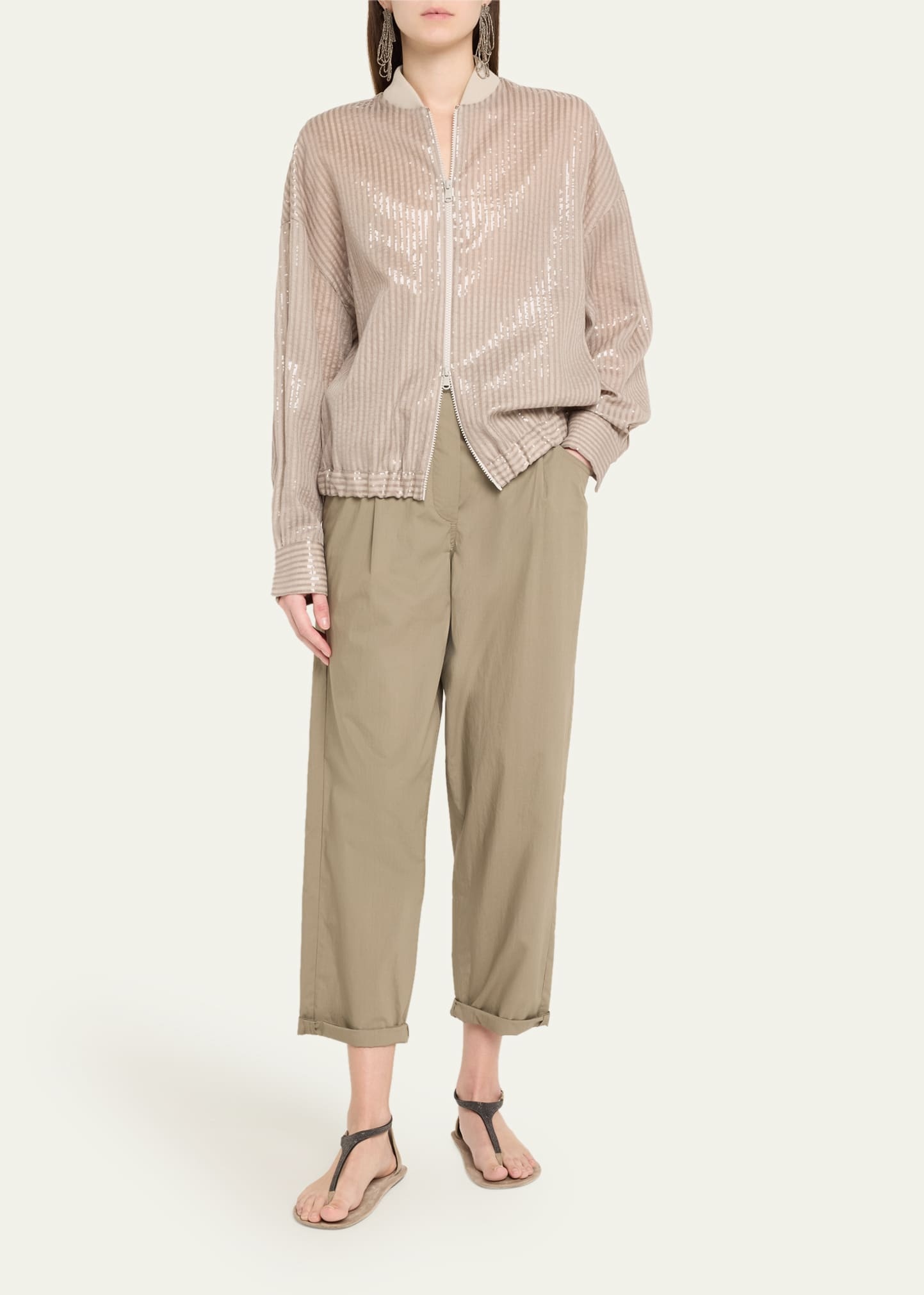 Stripe Sequined Organza Bomber Jacket - 2