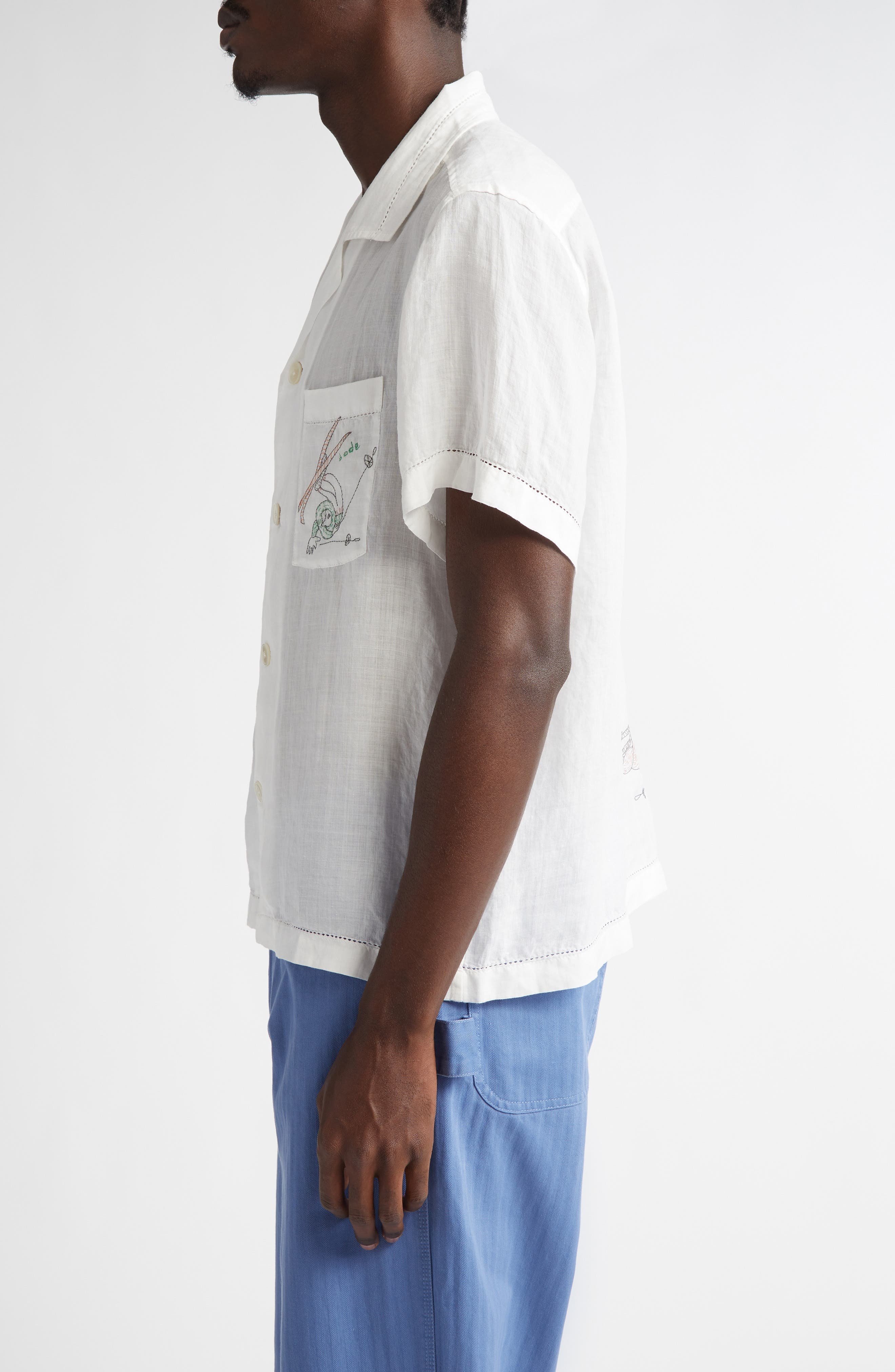 Bode Skiers Embroidered Linen Camp Shirt in White Multi at Nordstrom - 3