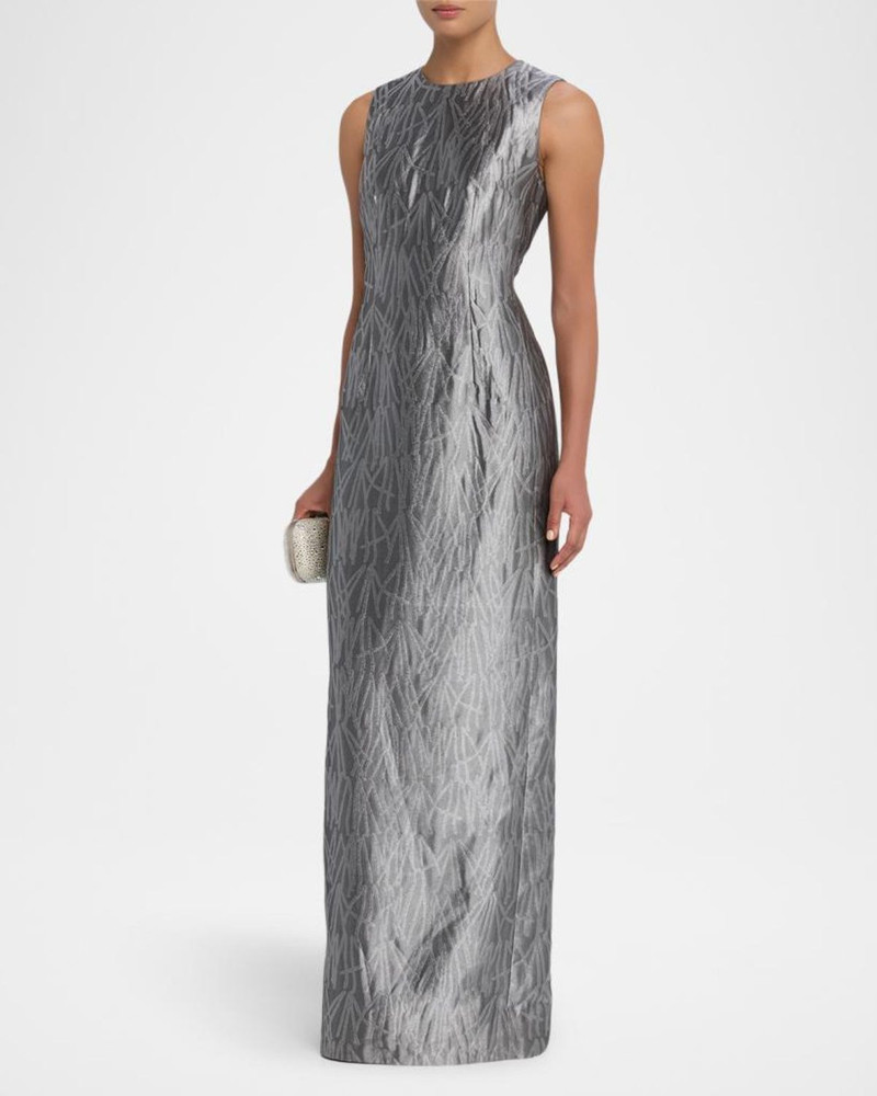 Sleeveless Metallic Jacquard Column Gown 4