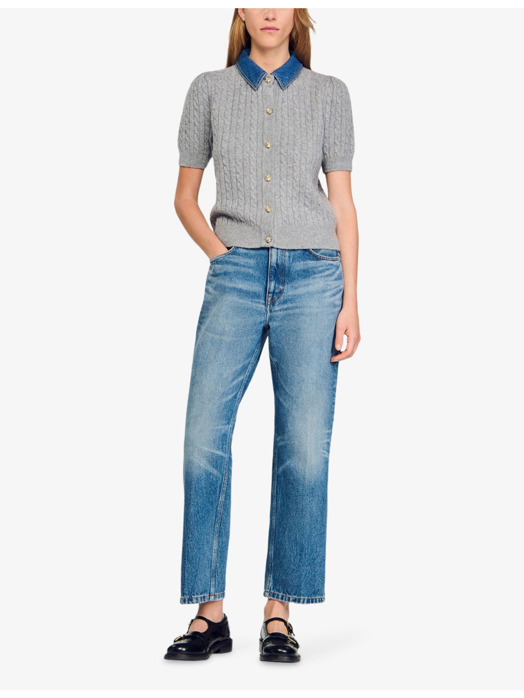 Denim-Collar Short-Sleeve Wool and Cashmere-Blend Cardigan - 2