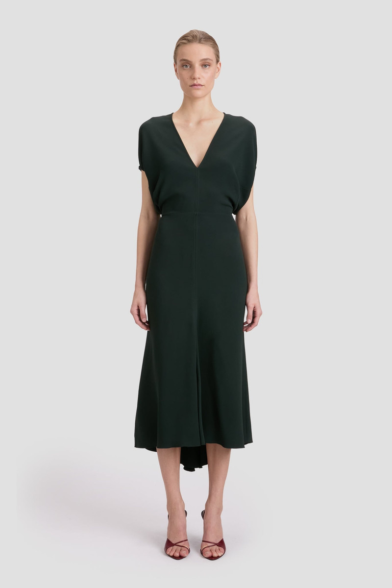 Victoria Beckham Blouson Detail Midi Dress In Dark Pine outlook