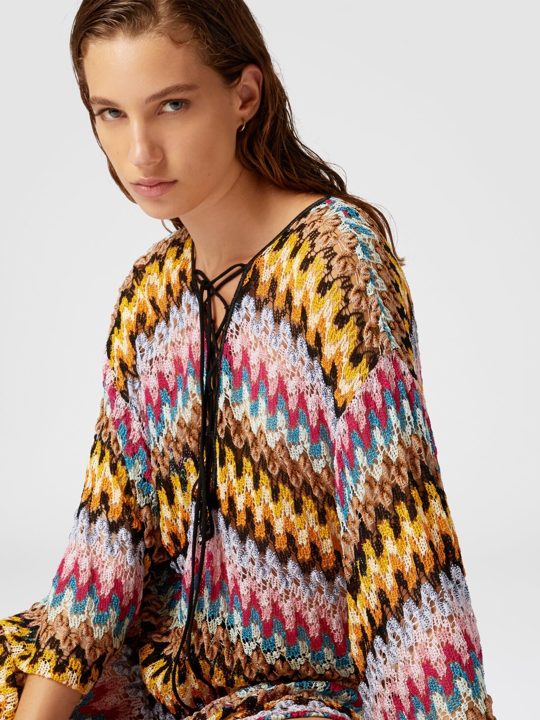 Short cover-up caftan in lamé viscose lace - 4