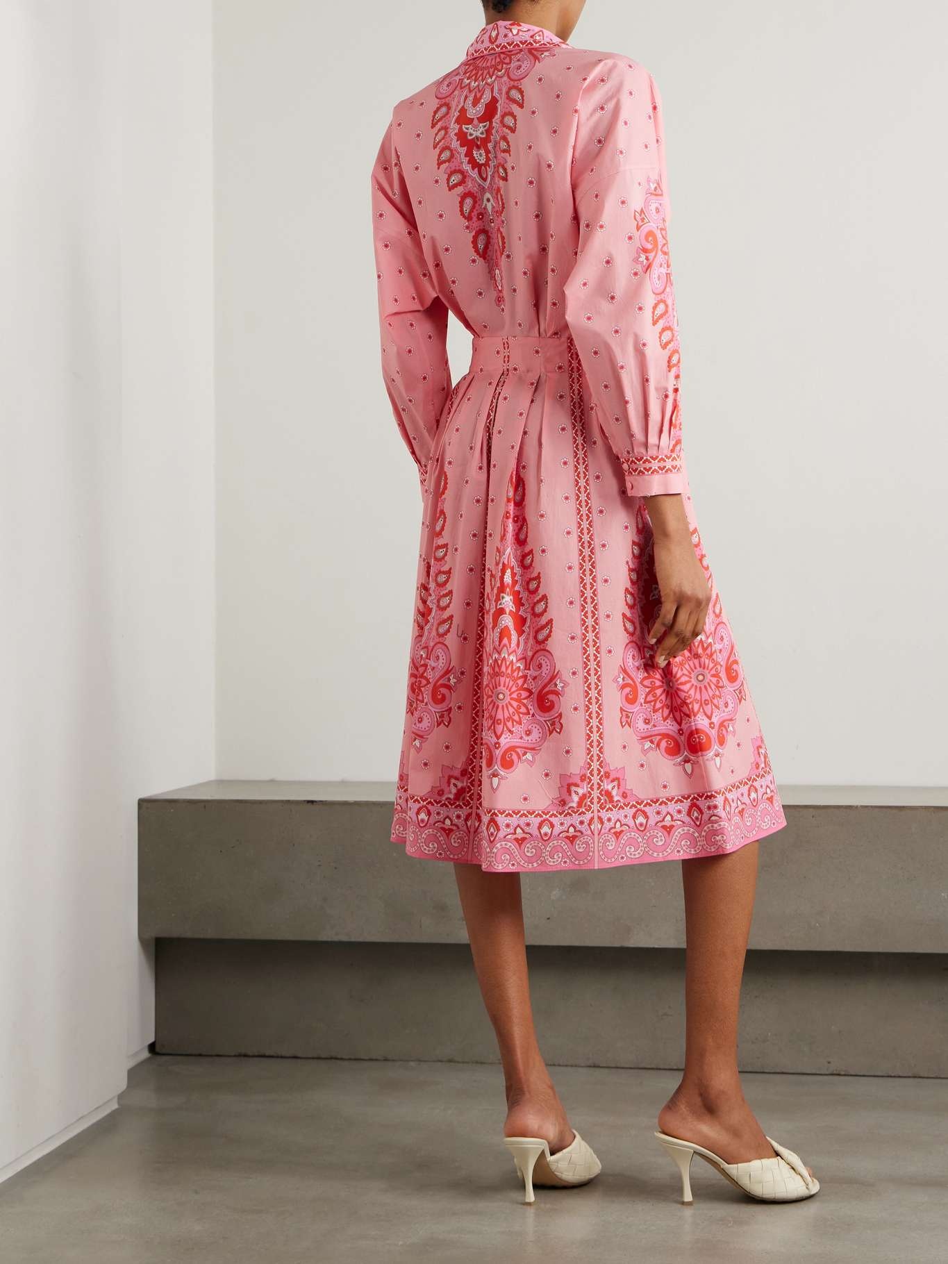 Pleated printed cotton-blend poplin midi shirt dress Pink - 3