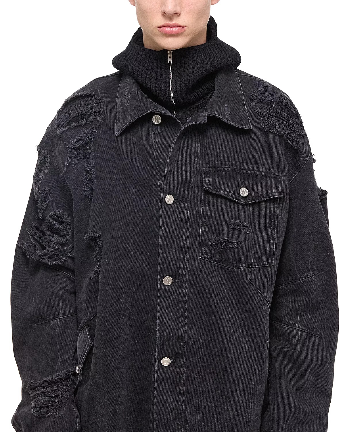 Oversized button-front shirt in washed black denim. Curved seams wrap around the body, emphasizing t - 6